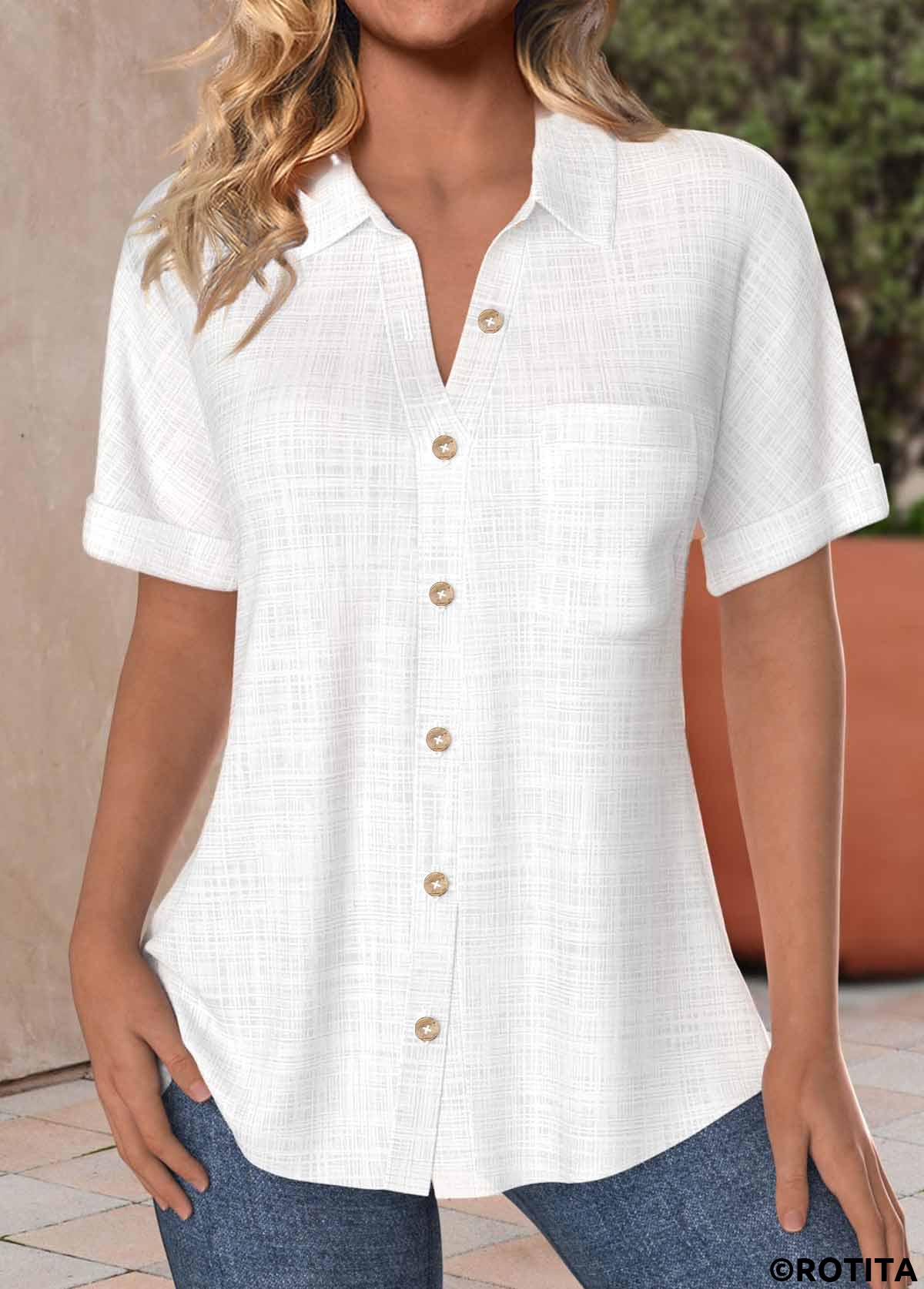 White tops,Plain Color tops,ROTITA Pocket Button Up White Short Sleeve Shirt
