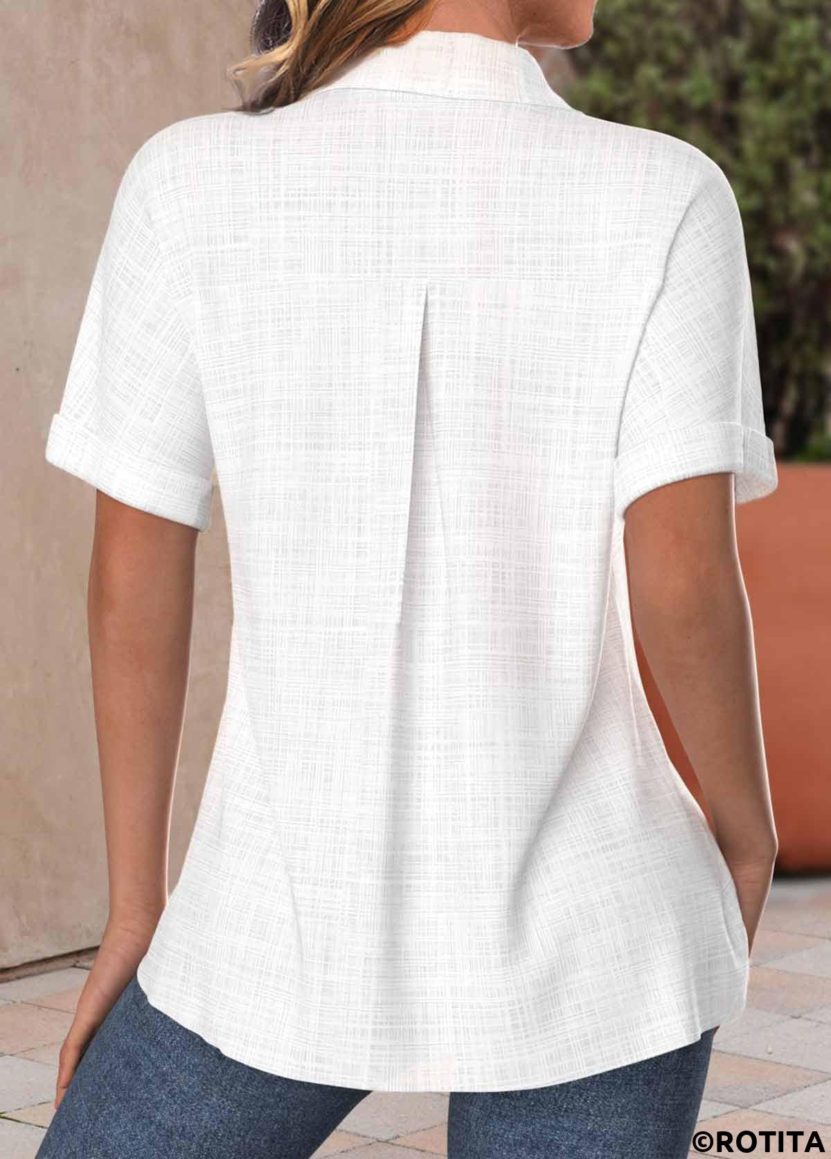 White tops,Plain Color tops,ROTITA Pocket Button Up White Short Sleeve Shirt