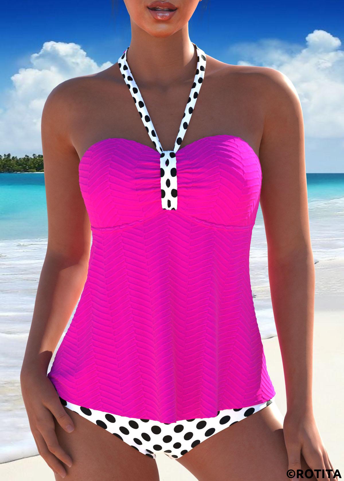 Hot Pink swimwear,Dot swimwear,ROTITA Tie Hot Pink Polka Dot Tankini Set