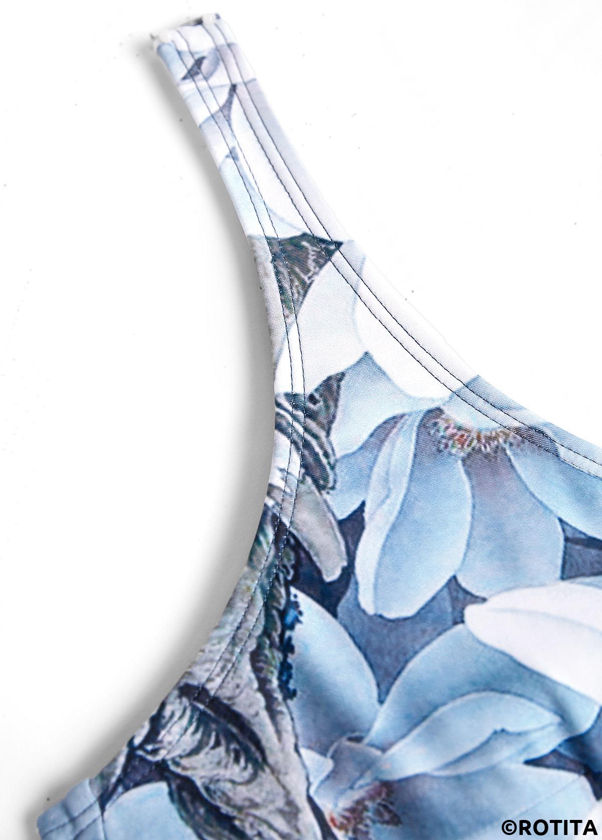 Denim Blue swimwear,Floral swimwear,Plants swimwear,ROTITA Tie Denim Blue Floral Print One Piece Swimdress