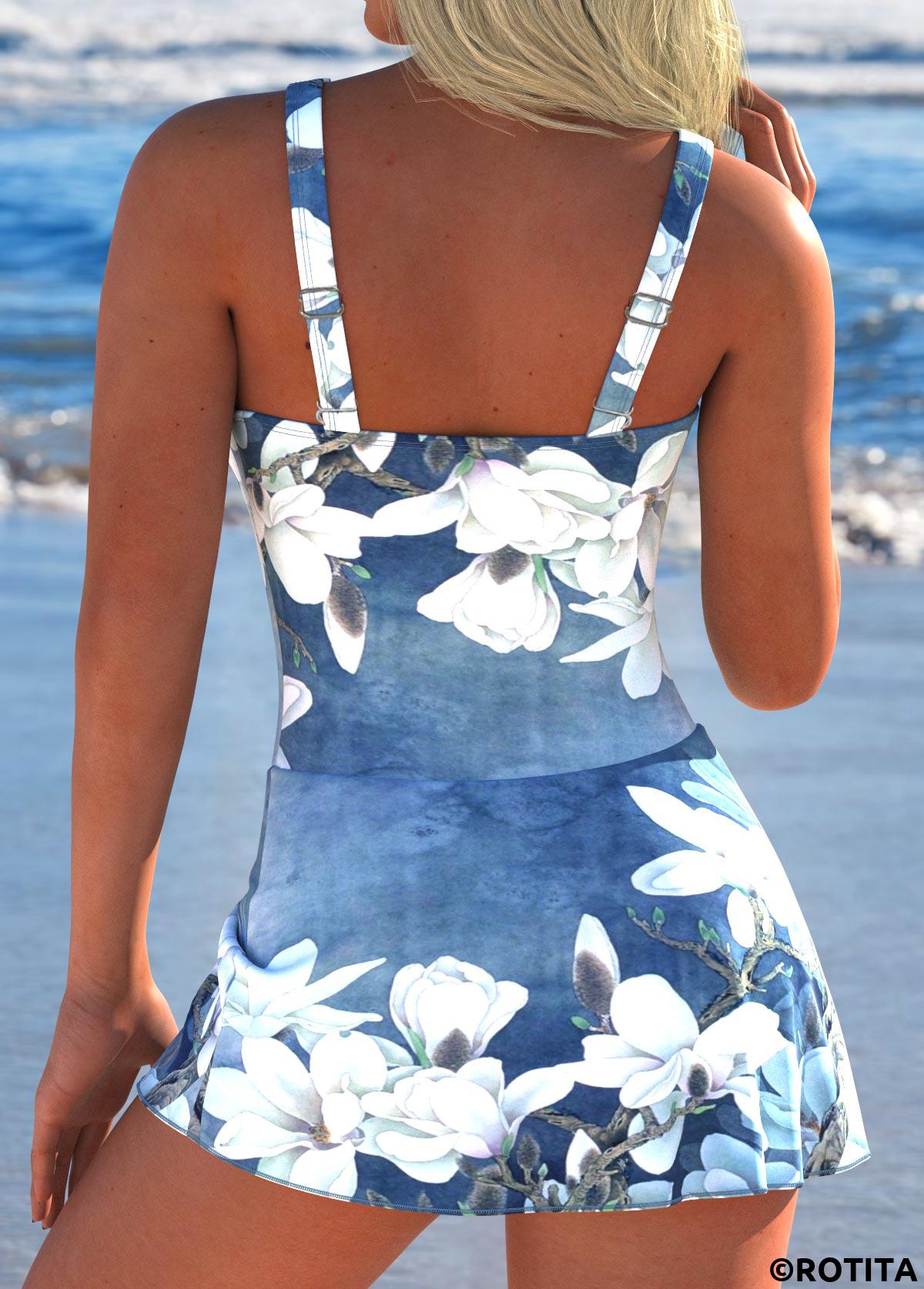 Denim Blue swimwear,Floral swimwear,Plants swimwear,ROTITA Tie Denim Blue Floral Print One Piece Swimdress