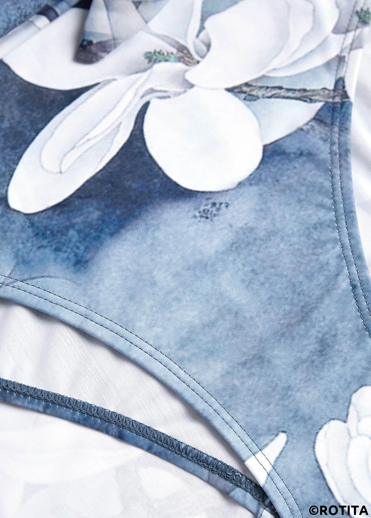 Denim Blue swimwear,Floral swimwear,Plants swimwear,ROTITA Tie Denim Blue Floral Print One Piece Swimdress
