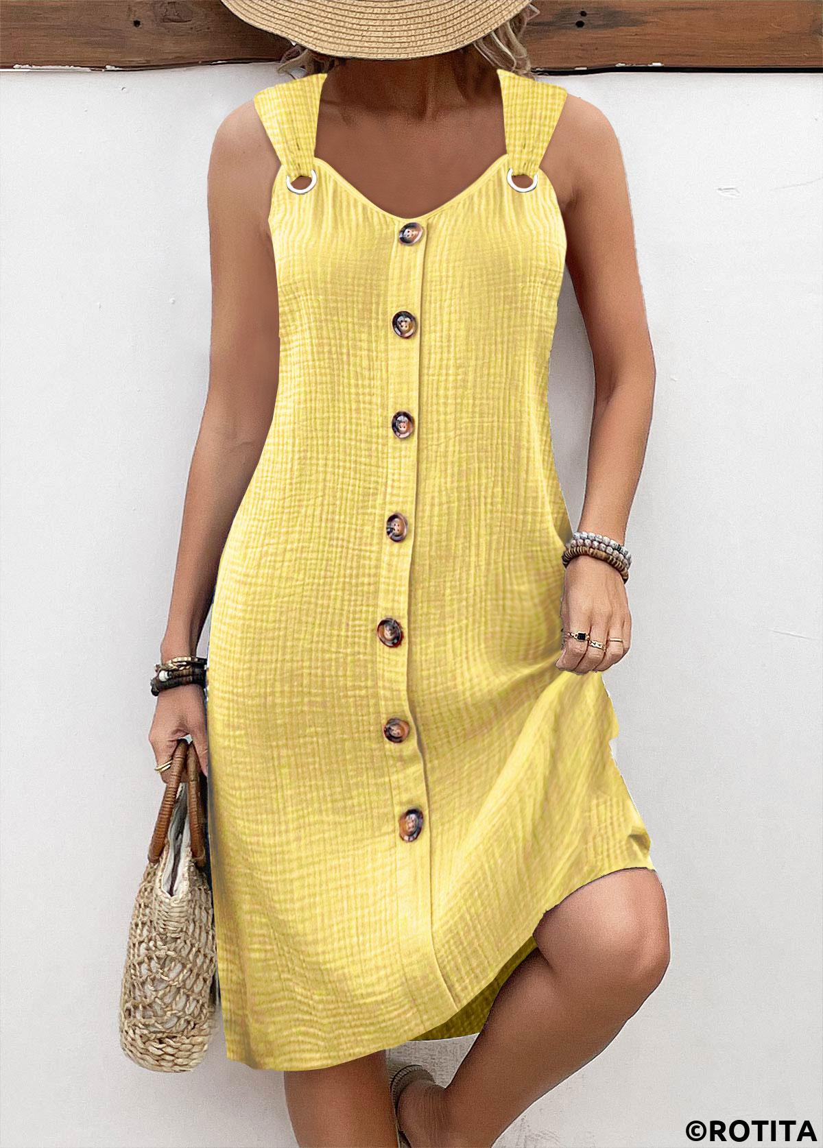 Light Yellow dresses,Plain Color dresses,Everyday dresses,Casual dresses,ROTITA Breathable Light Yellow A Line V Neck Sleeveless Dress