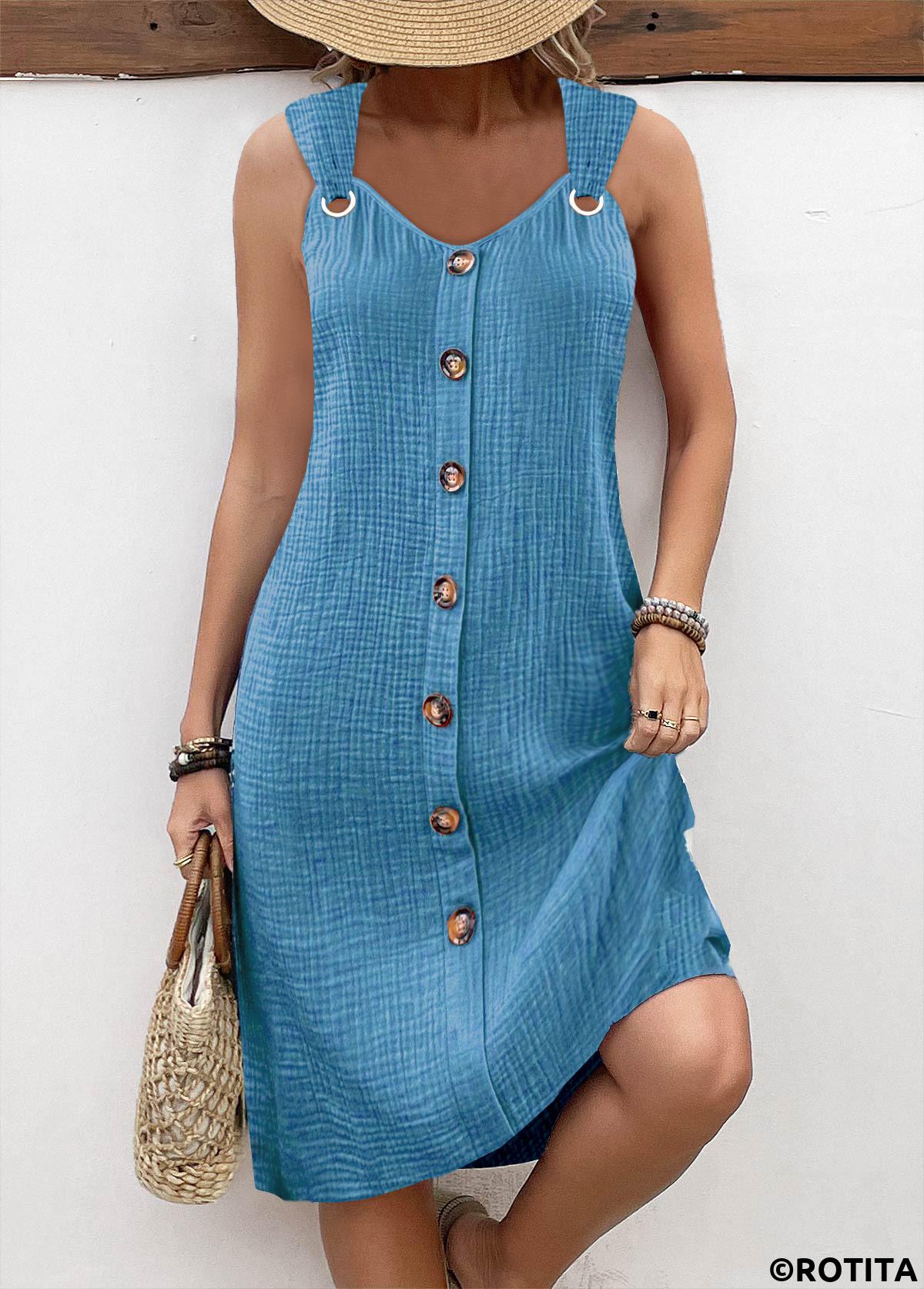 Dusty Blue dresses,Plain Color dresses,Everyday dresses,Casual dresses,ROTITA Breathable Dusty Blue A Line V Neck Sleeveless Dress