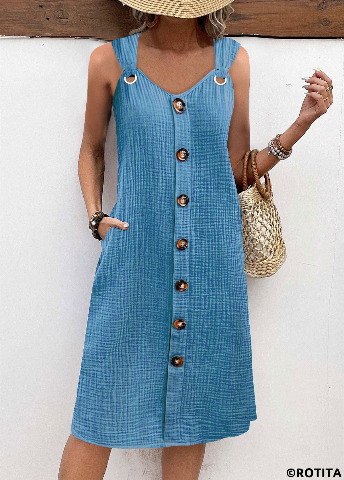 Dusty Blue dresses,Plain Color dresses,Everyday dresses,Casual dresses,ROTITA Breathable Dusty Blue A Line V Neck Sleeveless Dress