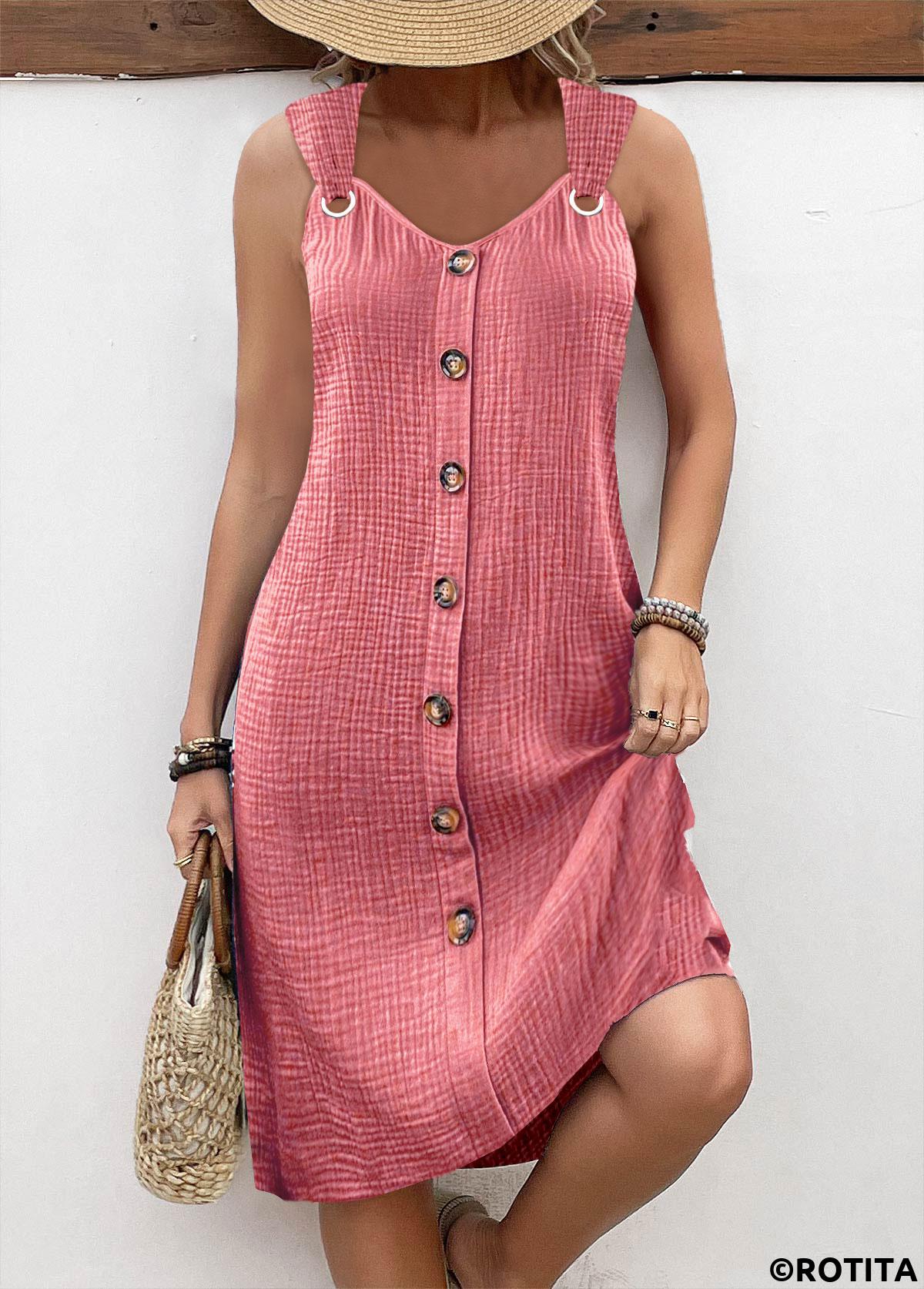 Pink dresses,Plain Color dresses,Everyday dresses,Casual dresses,ROTITA Breathable Light Pink A Line V Neck Sleeveless Dress