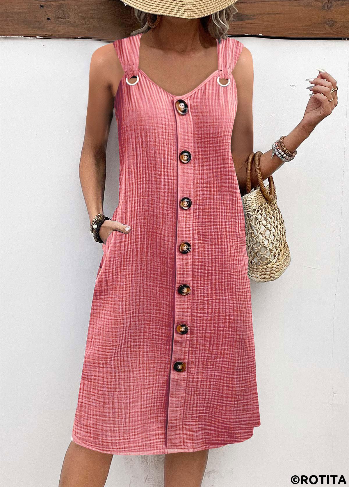 Pink dresses,Plain Color dresses,Everyday dresses,Casual dresses,ROTITA Breathable Light Pink A Line V Neck Sleeveless Dress