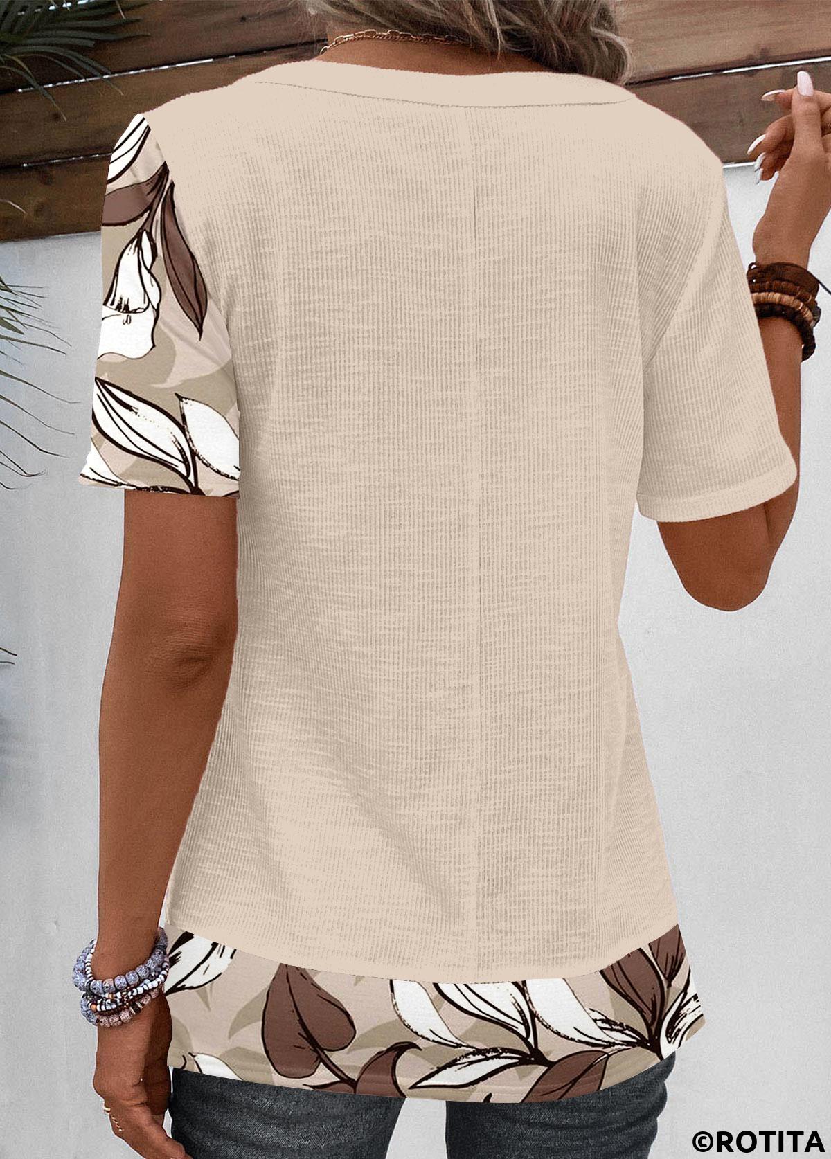 Light Camel plus size,Floral plus size,Plants plus size,ROTITA Plus Size Patchwork Light Camel Floral Print T Shirt