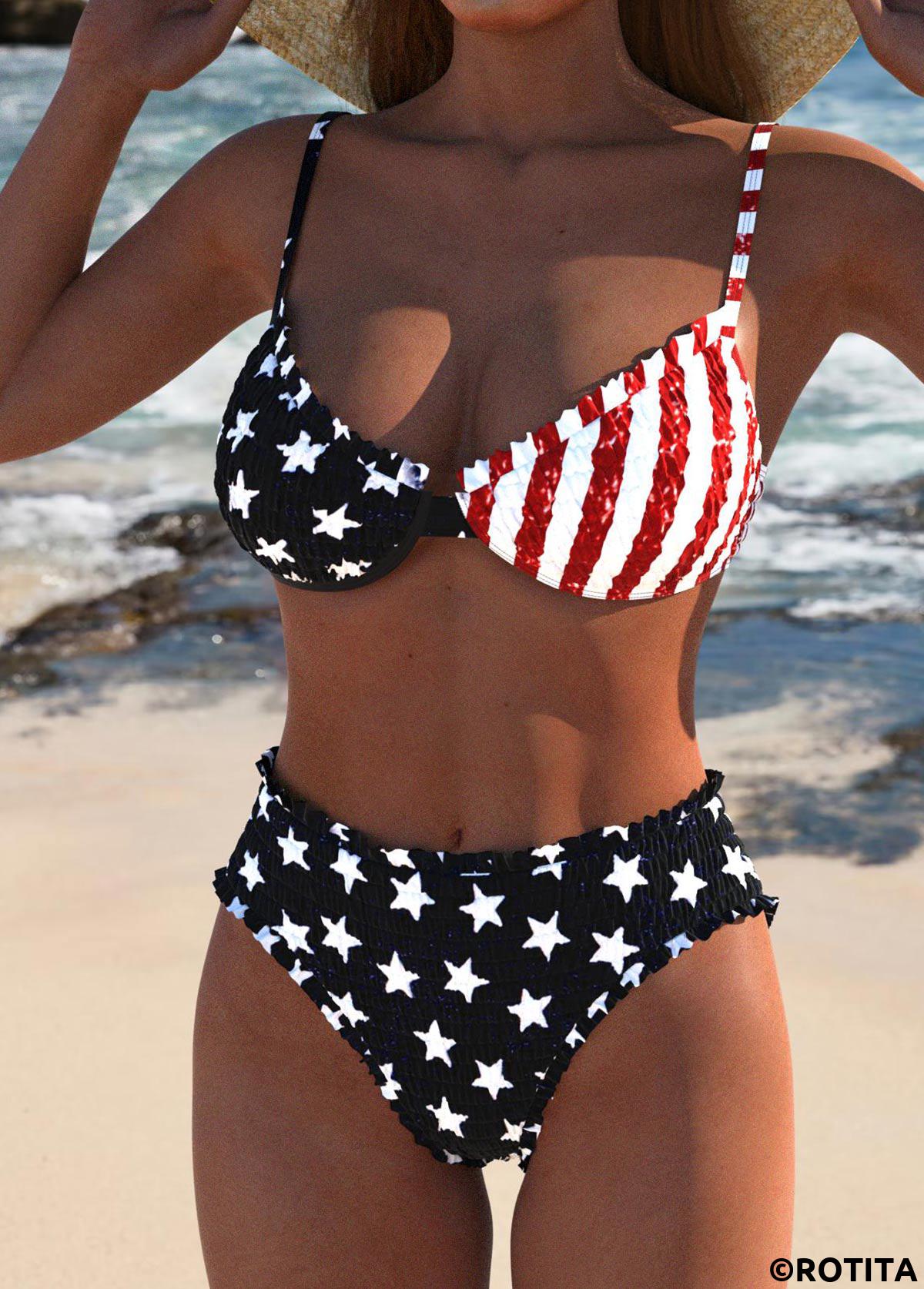 Black swimwear,Flag swimwear,ROTITA American Flag Frill Smocked Black Bikini Set