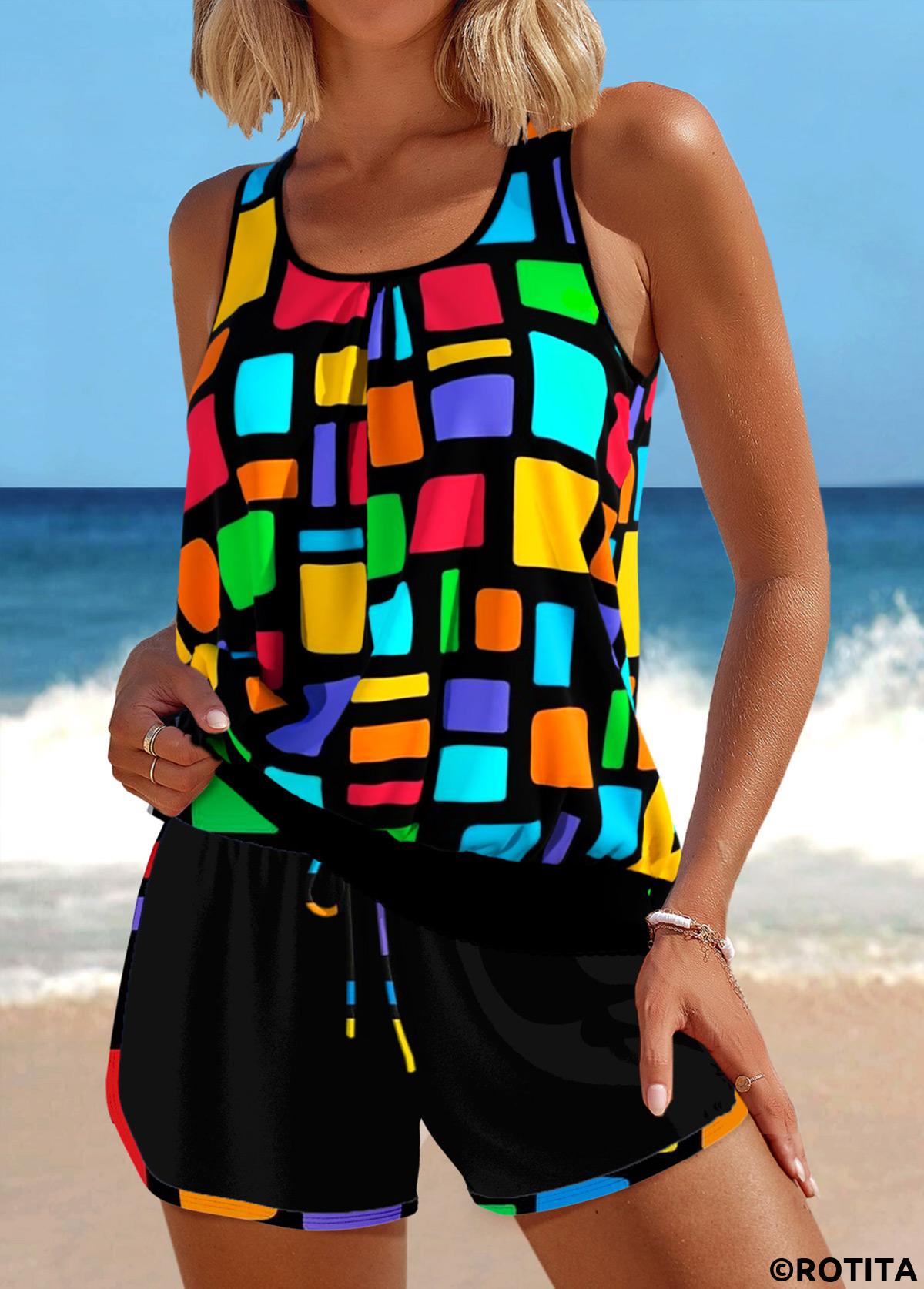 Multi Color swimwear,Rainbow Color swimwear,Geometric swimwear,ROTITA Patchwork Multi Color Geometric Print Tankini Set