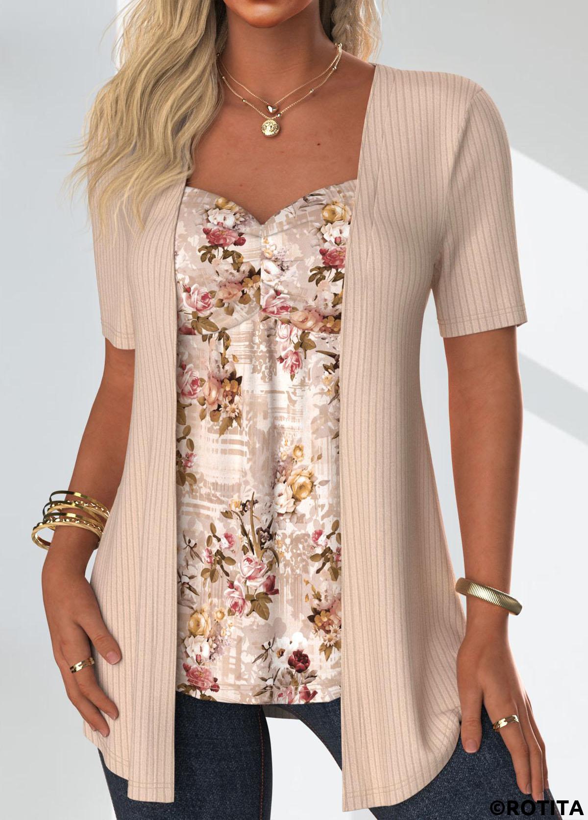 Skin Color tops,Floral tops,Plants tops,ROTITA Floral Print Skin Color Fake Two Piece Twinset