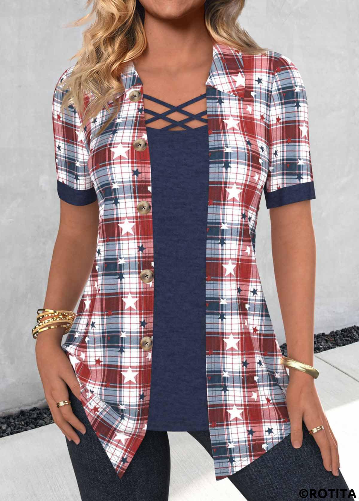 Navy tops,Plaid tops,Striped tops,Geometric tops,ROTITA Fake 2in1 Plaid Navy Shirt Collar Short Sleeve Blouse