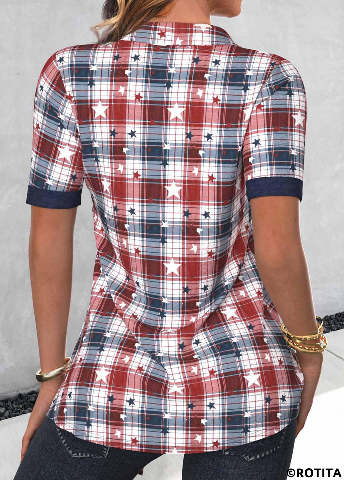 Navy tops,Plaid tops,Striped tops,Geometric tops,ROTITA Fake 2in1 Plaid Navy Shirt Collar Short Sleeve Blouse