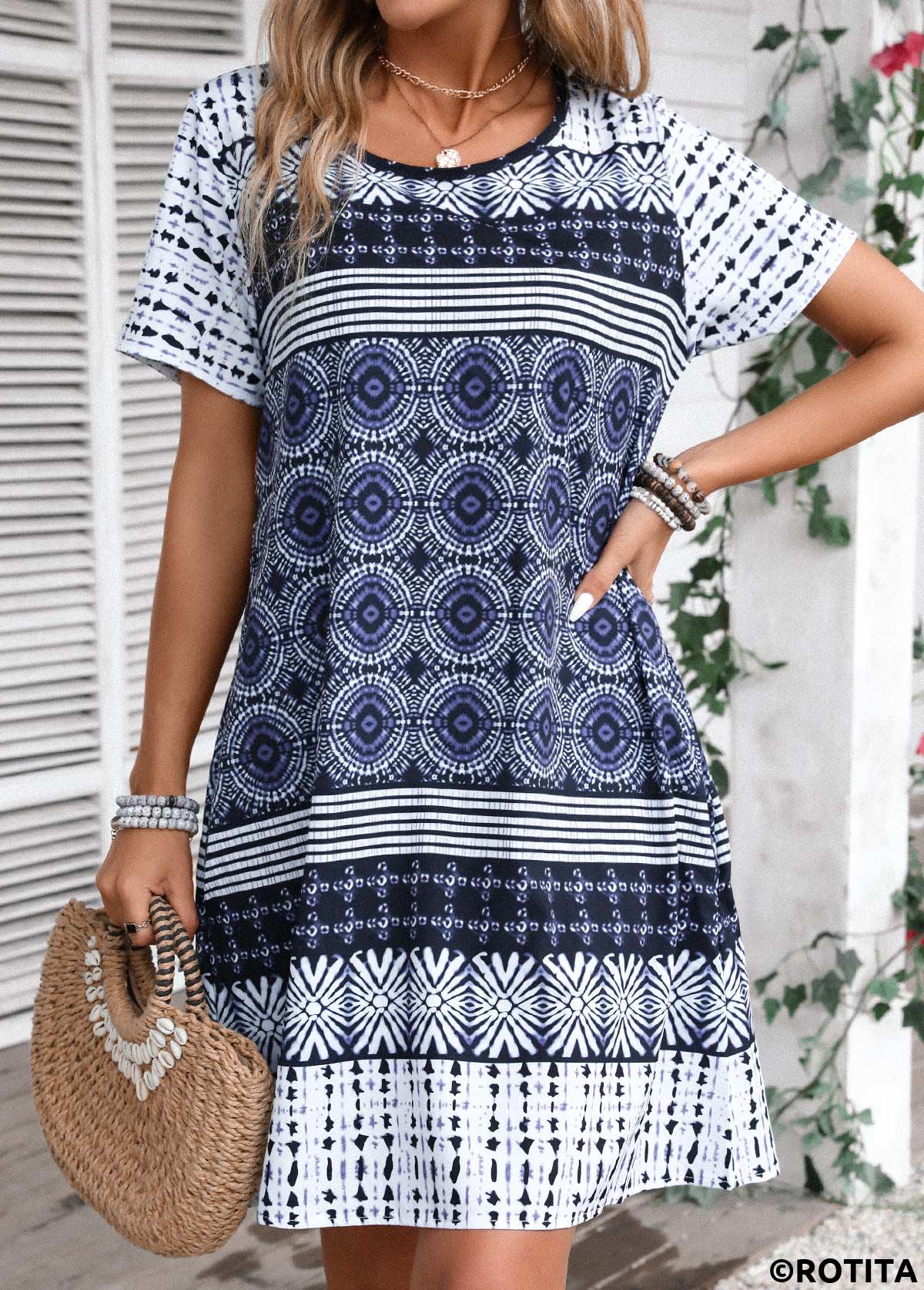 Navy dresses,Tribal dresses,Striped dresses,Geometric dresses,Everyday dresses,Casual dresses,Tribal Print Blue A Line Round Neck Dress