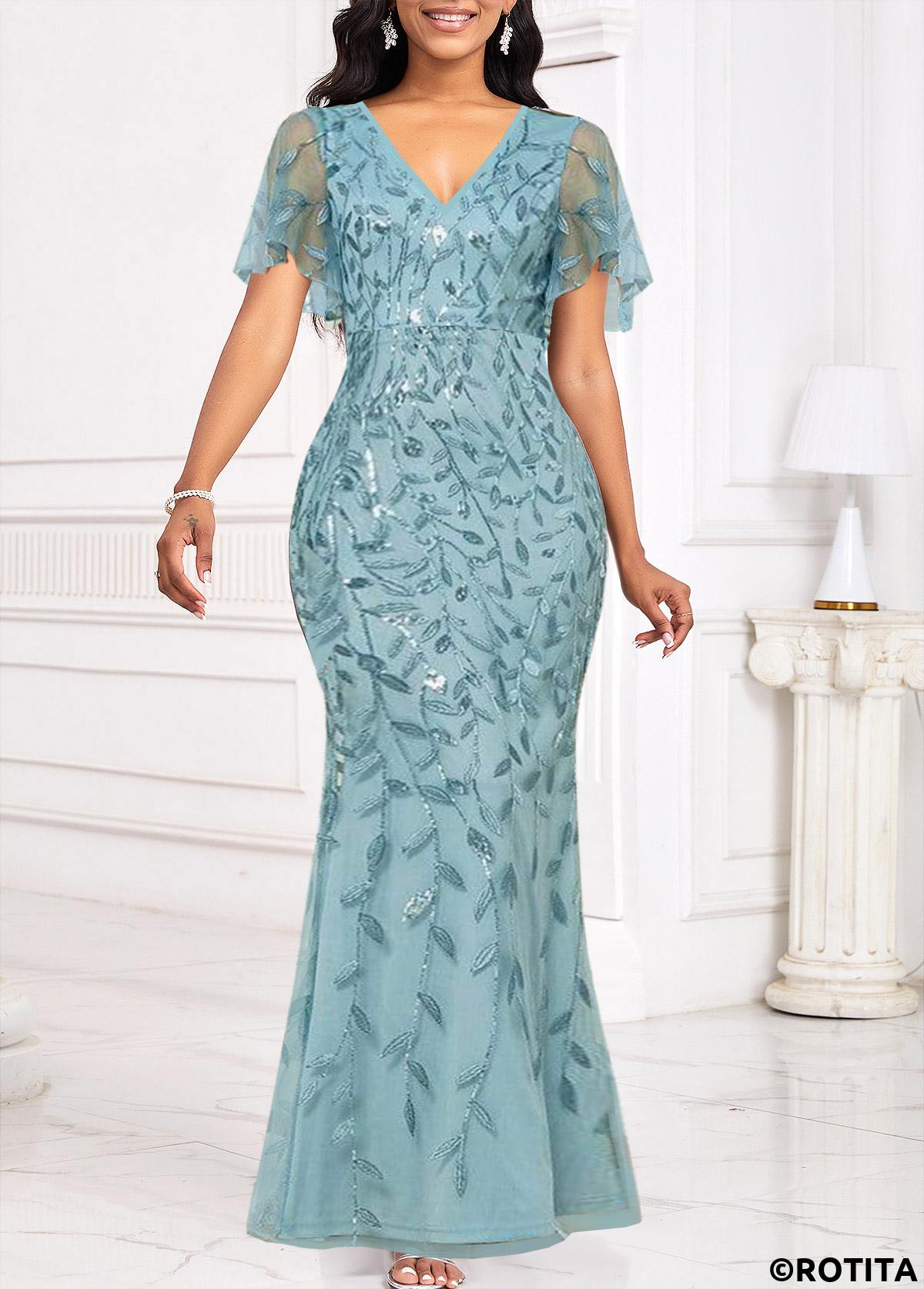 Light Blue dresses,Plain Color dresses,Party dresses,Elegant dresses,ROTITA Sequin Light Blue V Neck Bodycon Maxi Dress