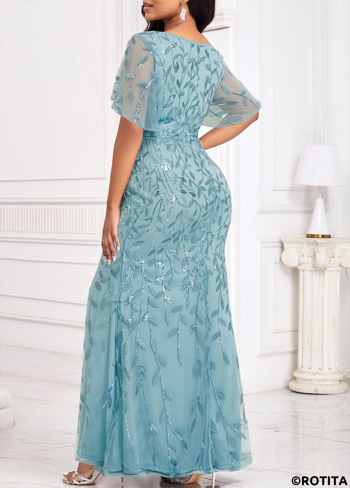 Light Blue dresses,Plain Color dresses,Party dresses,Elegant dresses,ROTITA Sequin Light Blue V Neck Bodycon Maxi Dress