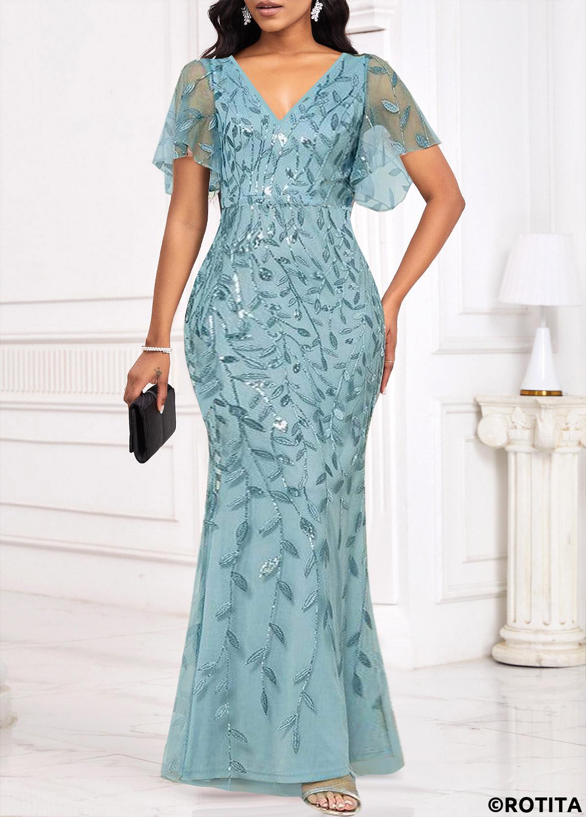 Light Blue dresses,Plain Color dresses,Party dresses,Elegant dresses,ROTITA Sequin Light Blue V Neck Bodycon Maxi Dress