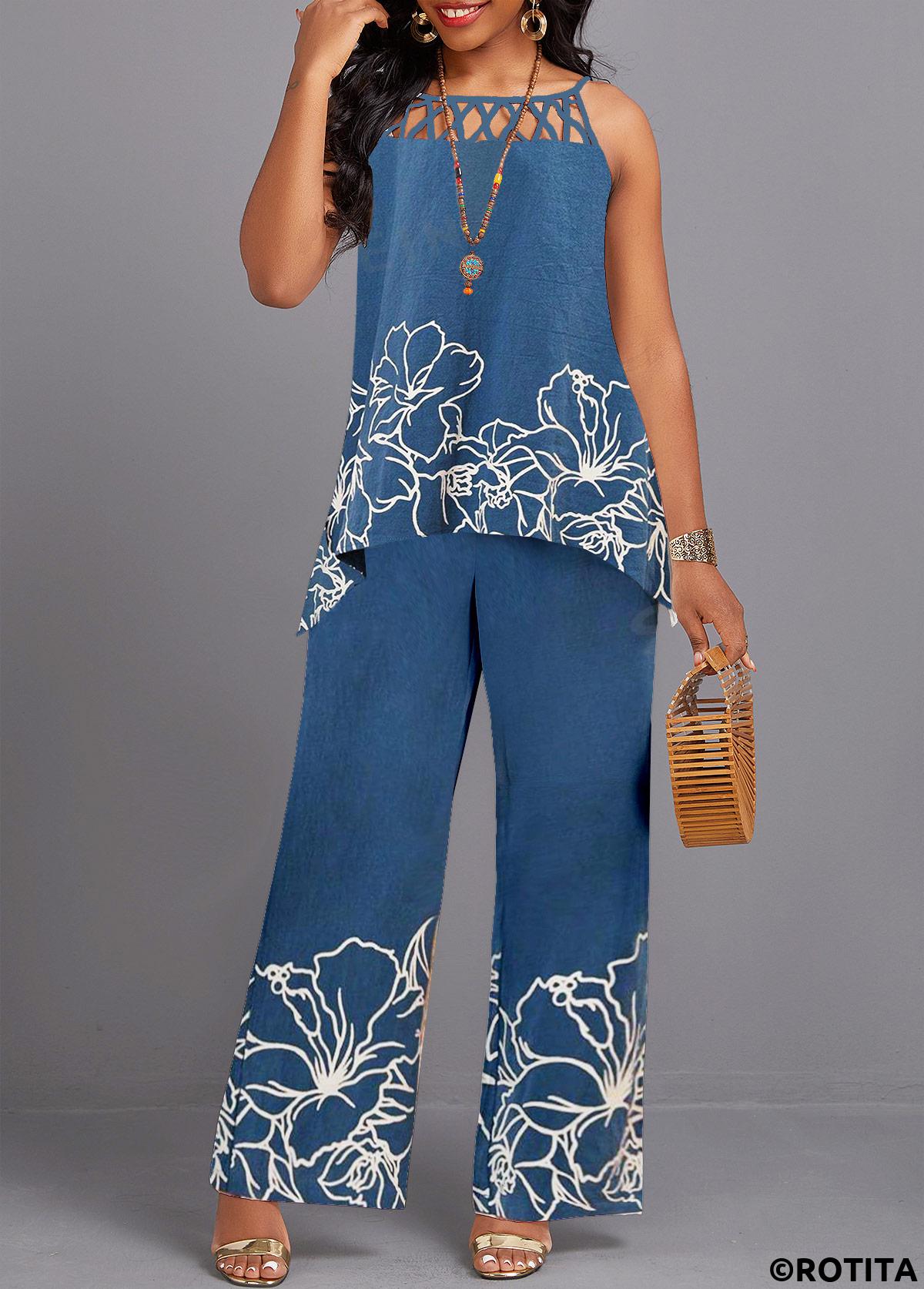 Denim Blue jumpsuits&rompers,Floral jumpsuits&rompers,Plants jumpsuits&rompers,ROTITA Criss Cross Floral Print Denim Blue Top  and Pants