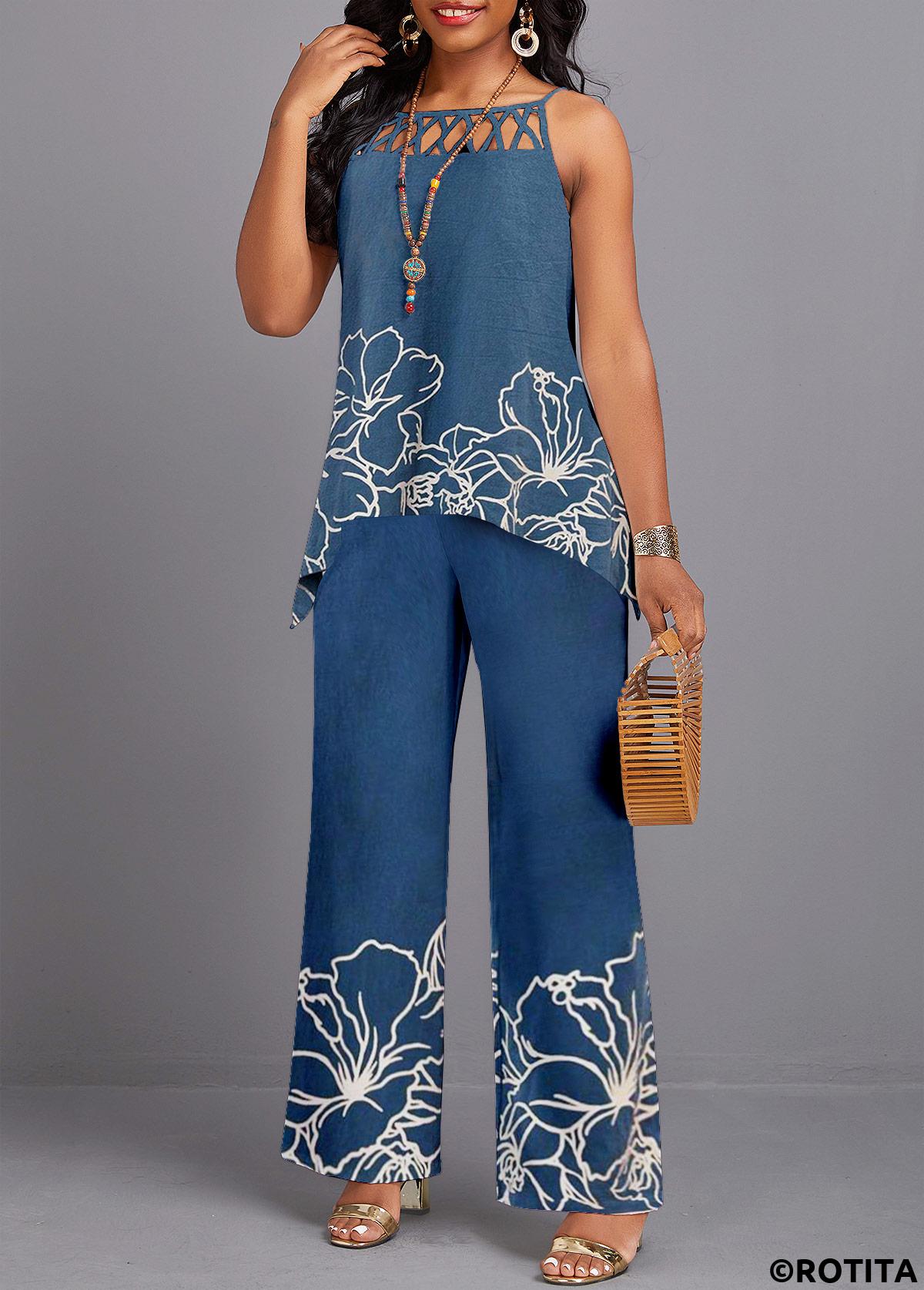 Denim Blue jumpsuits&rompers,Floral jumpsuits&rompers,Plants jumpsuits&rompers,ROTITA Criss Cross Floral Print Denim Blue Top  and Pants