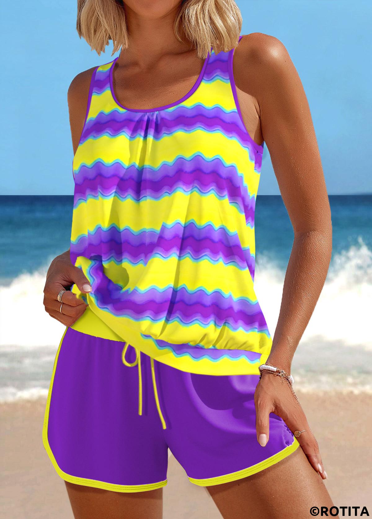 Purple swimwear,Striped swimwear,Geometric swimwear,ROTITA Patchwork Purple Wave Pattern Print Tankini Set