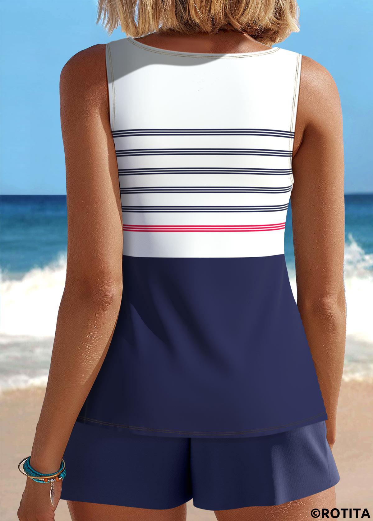 Navy swimwear,White swimwear,Striped swimwear,Geometric swimwear,ROTITA Cut Out Navy Striped Tankini Set