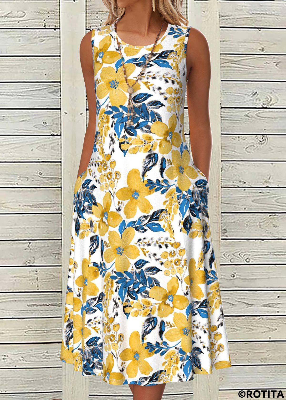 ROTITA Breathable Floral Print White A Line Round Neck Dress