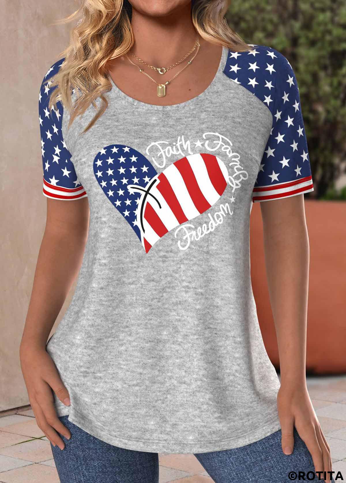 Light Grey Marl tops,Flag tops,Heart tops,ROTITA Patchwork Flag Print Light Grey Marl T Shirt