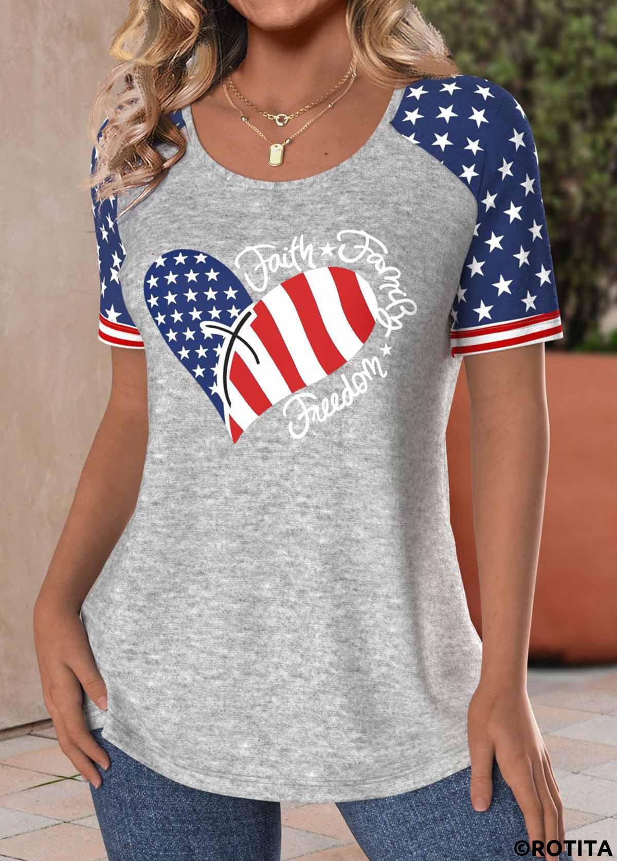 Light Grey Marl tops,Flag tops,Heart tops,ROTITA Patchwork Flag Print Light Grey Marl T Shirt