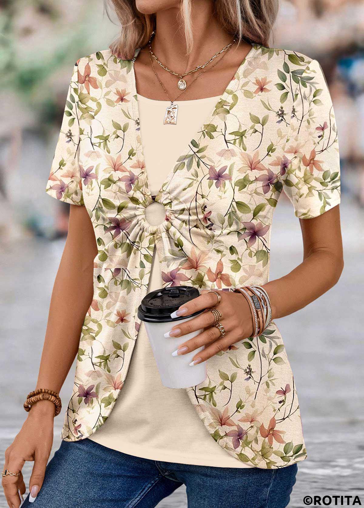 Light Camel tops,Floral tops,Plants tops,ROTITA Floral Print Light Camel T Shirt