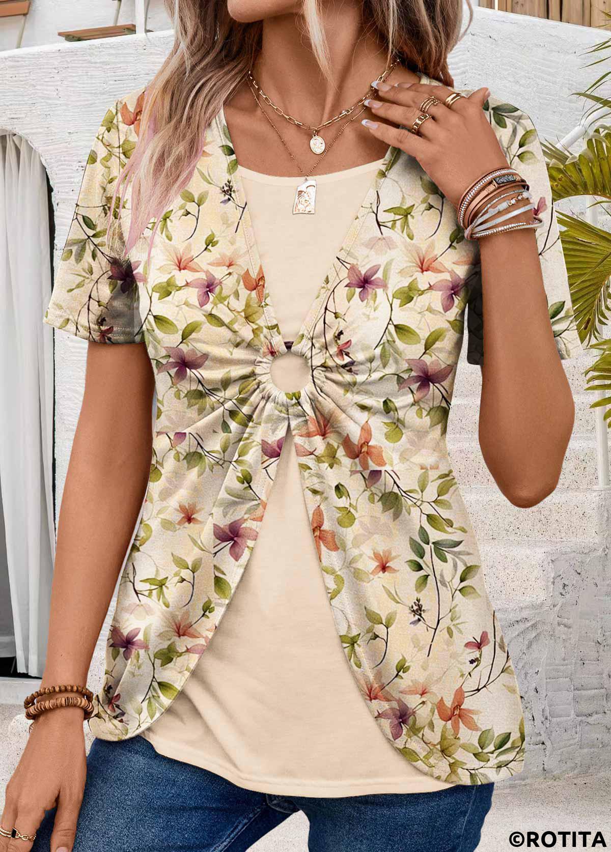 ROTITA Plus Size Patchwork Light Camel Floral Print T Shirt