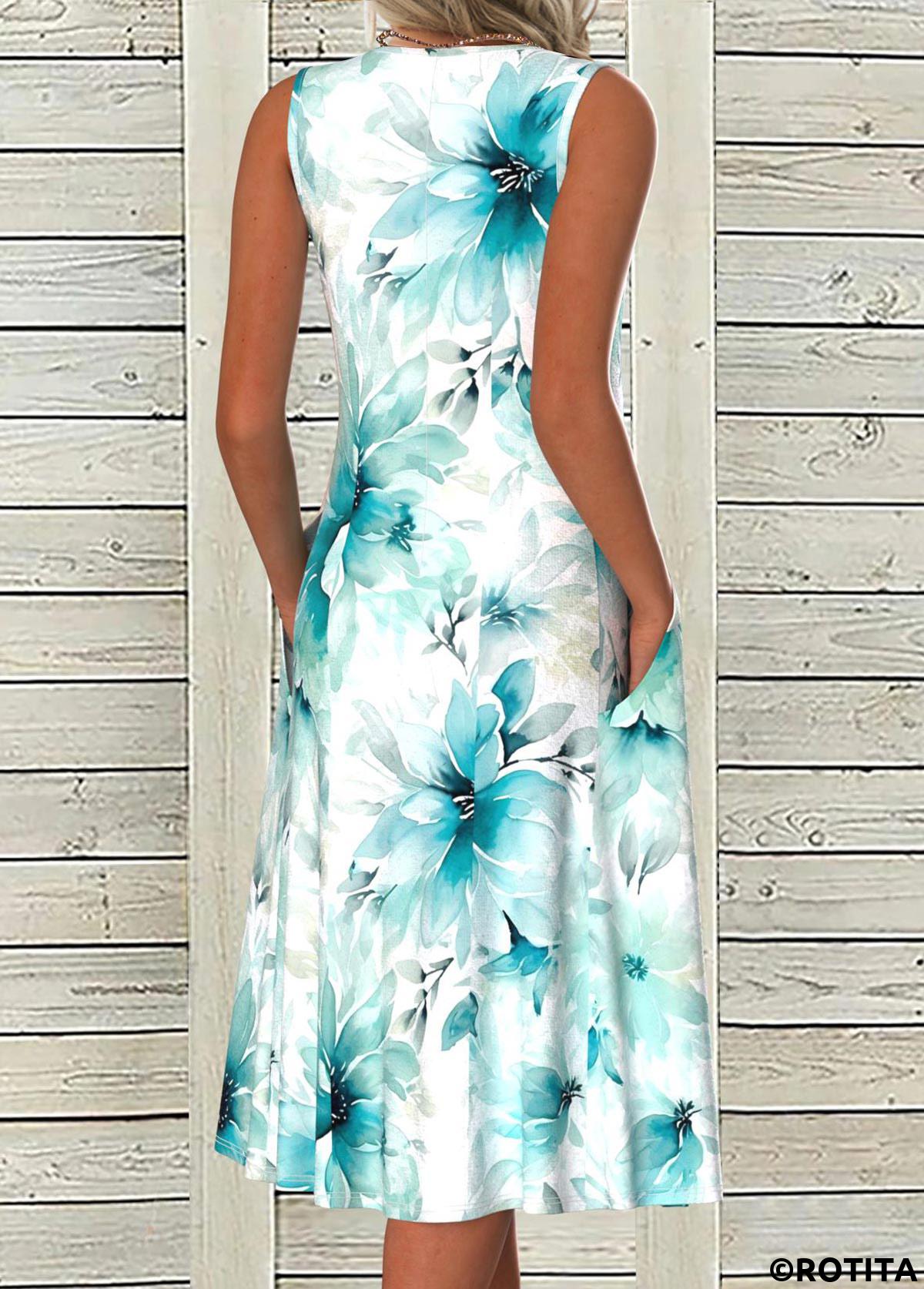 Blue plus size,Floral plus size,Plants plus size,ROTITA Plus Size Pocket Blue Floral Print A Line Dress