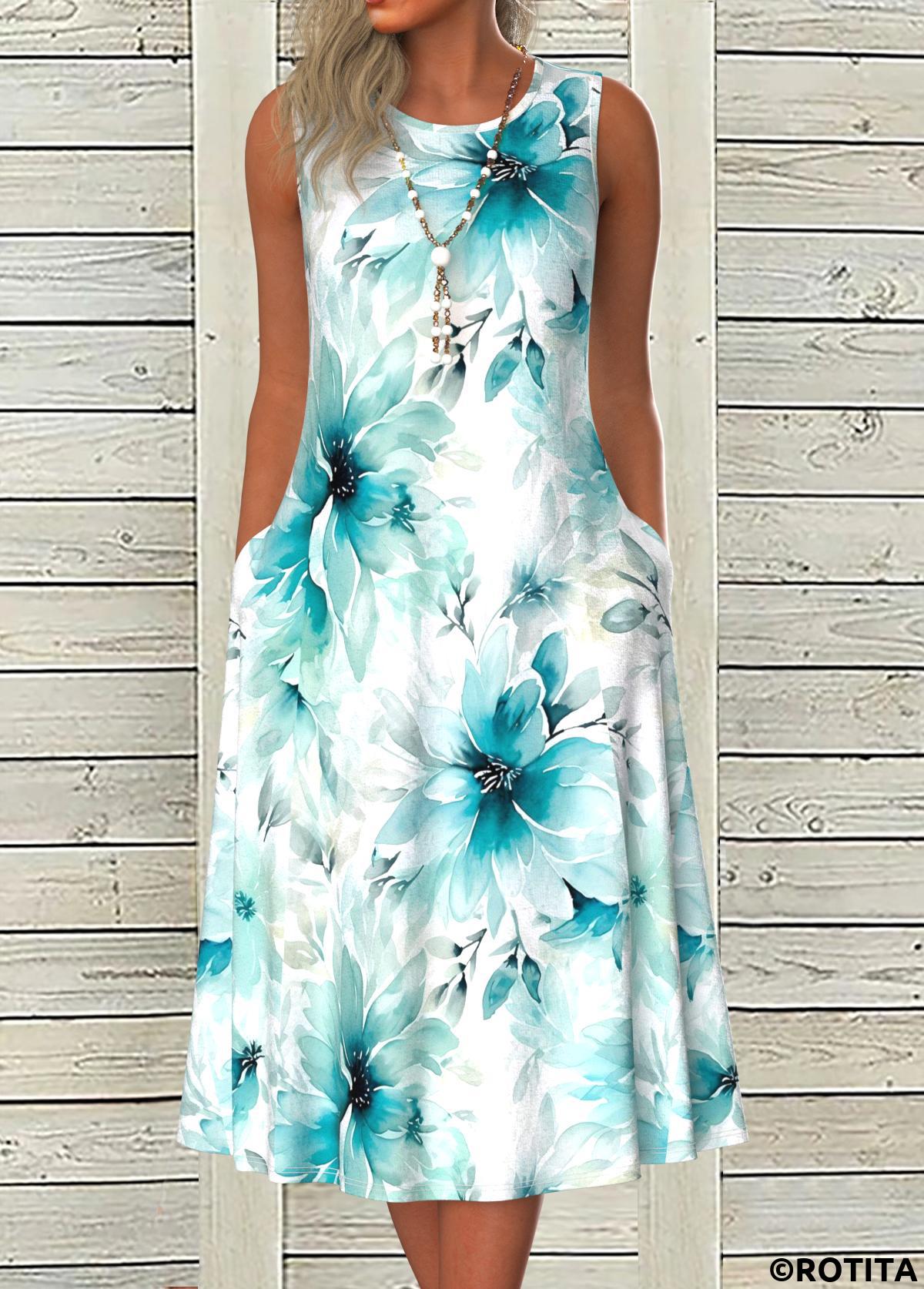 Blue plus size,Floral plus size,Plants plus size,ROTITA Plus Size Pocket Blue Floral Print A Line Dress
