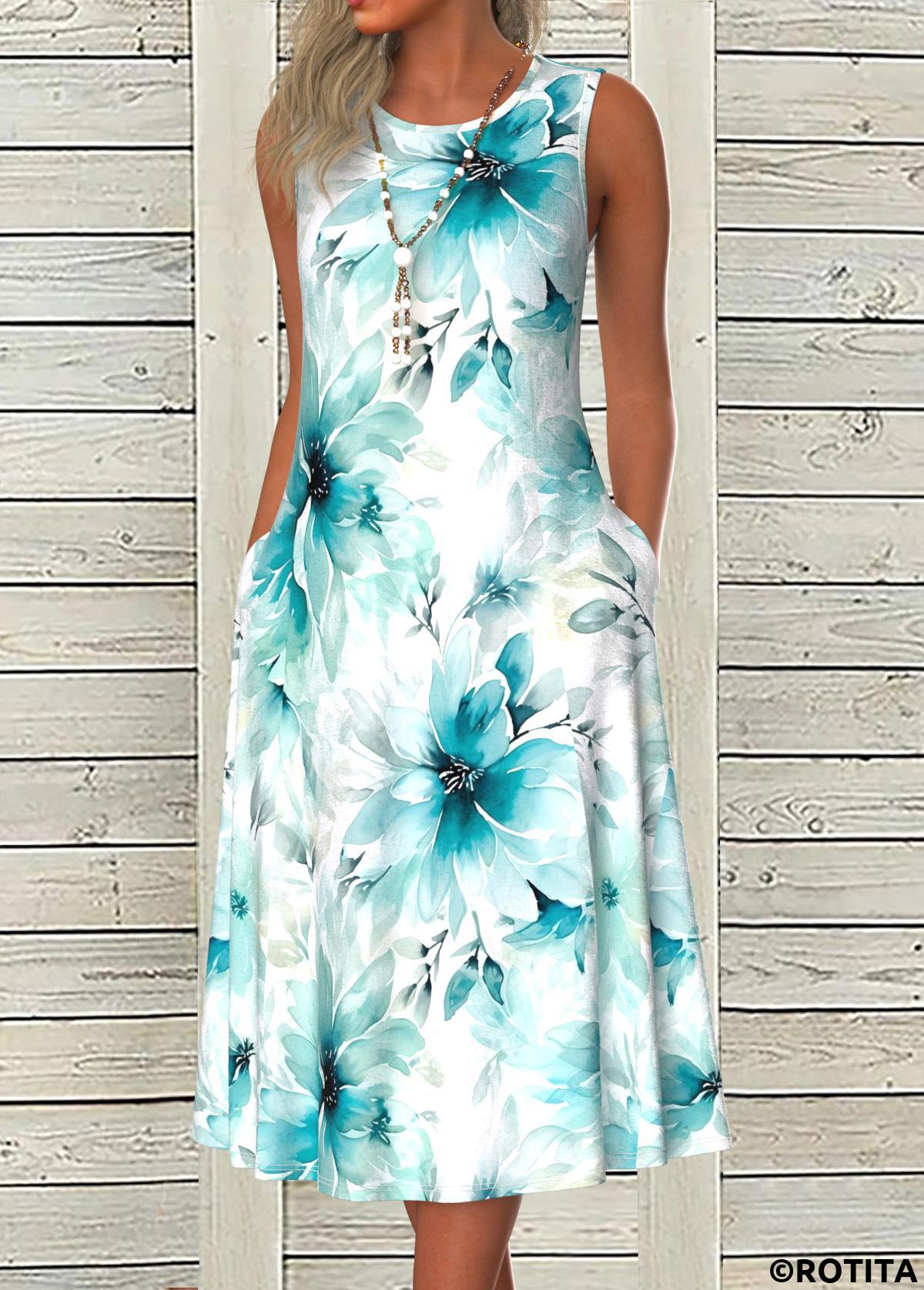 Blue plus size,Floral plus size,Plants plus size,ROTITA Plus Size Pocket Blue Floral Print A Line Dress