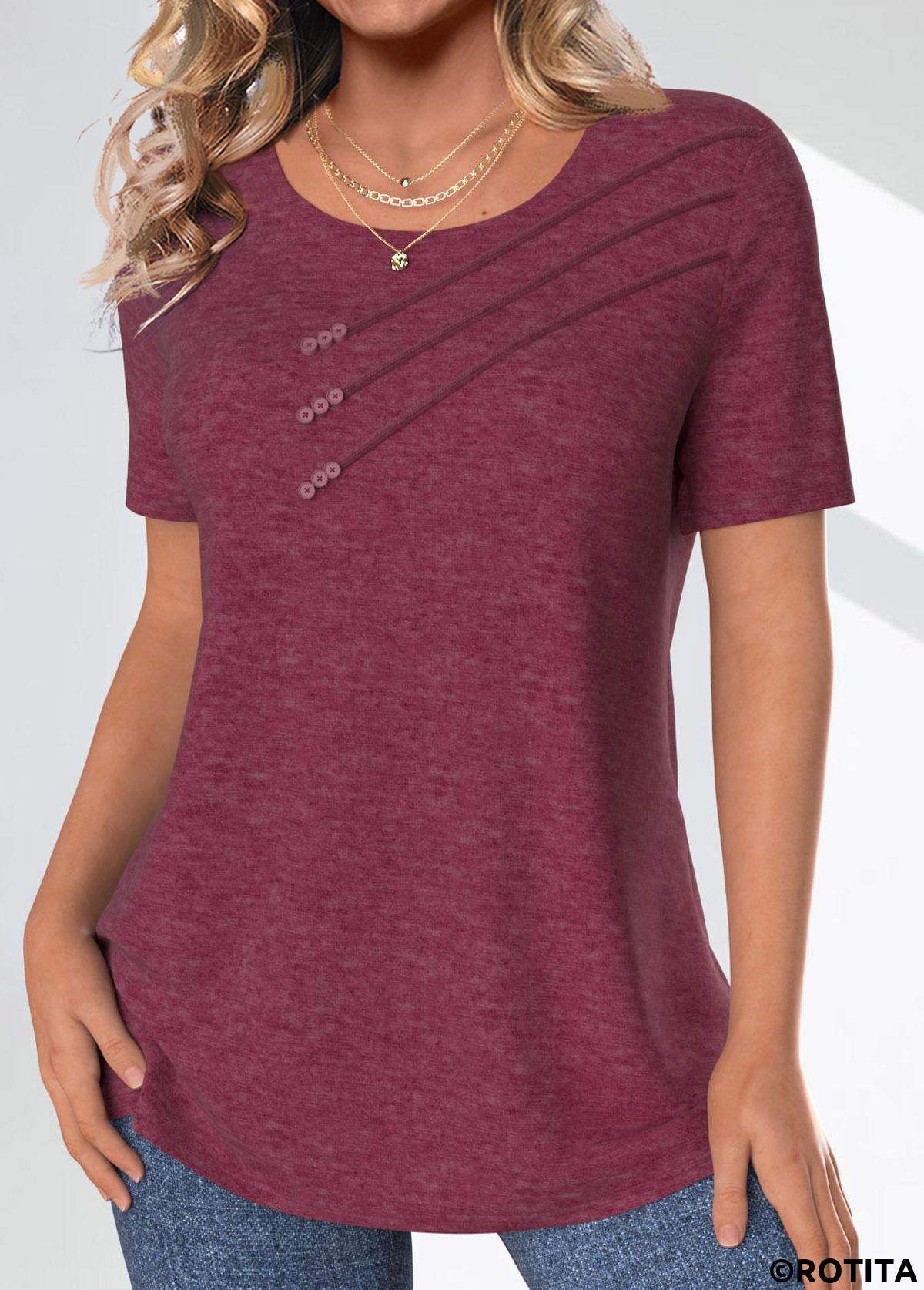 Dark Reddish Purple tops,Plain Color tops,ROTITA Button Dark Reddish Purple Round Neck T Shirt