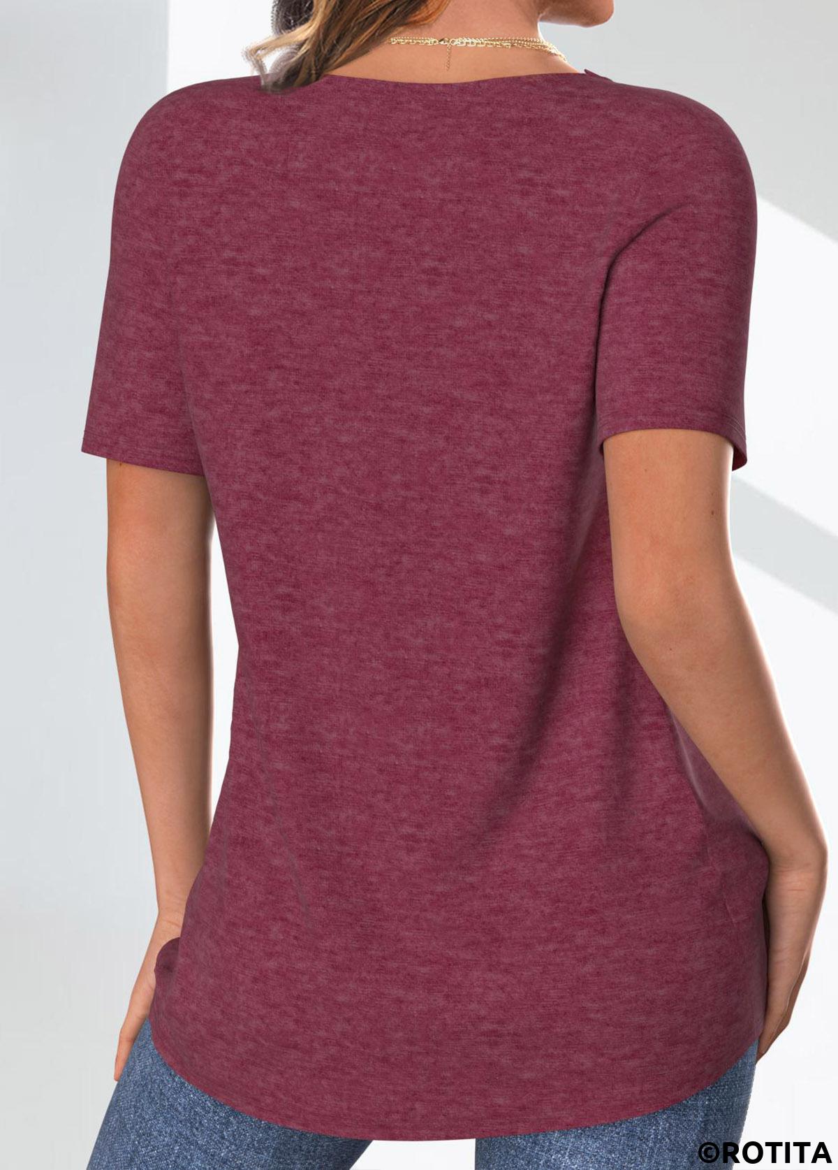 Dark Reddish Purple tops,Plain Color tops,ROTITA Button Dark Reddish Purple Round Neck T Shirt