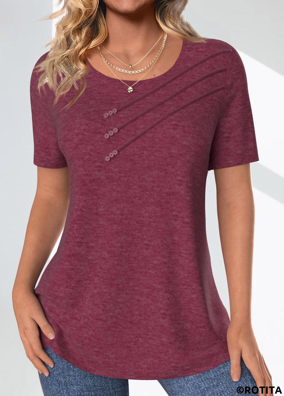 Dark Reddish Purple tops,Plain Color tops,ROTITA Button Dark Reddish Purple Round Neck T Shirt