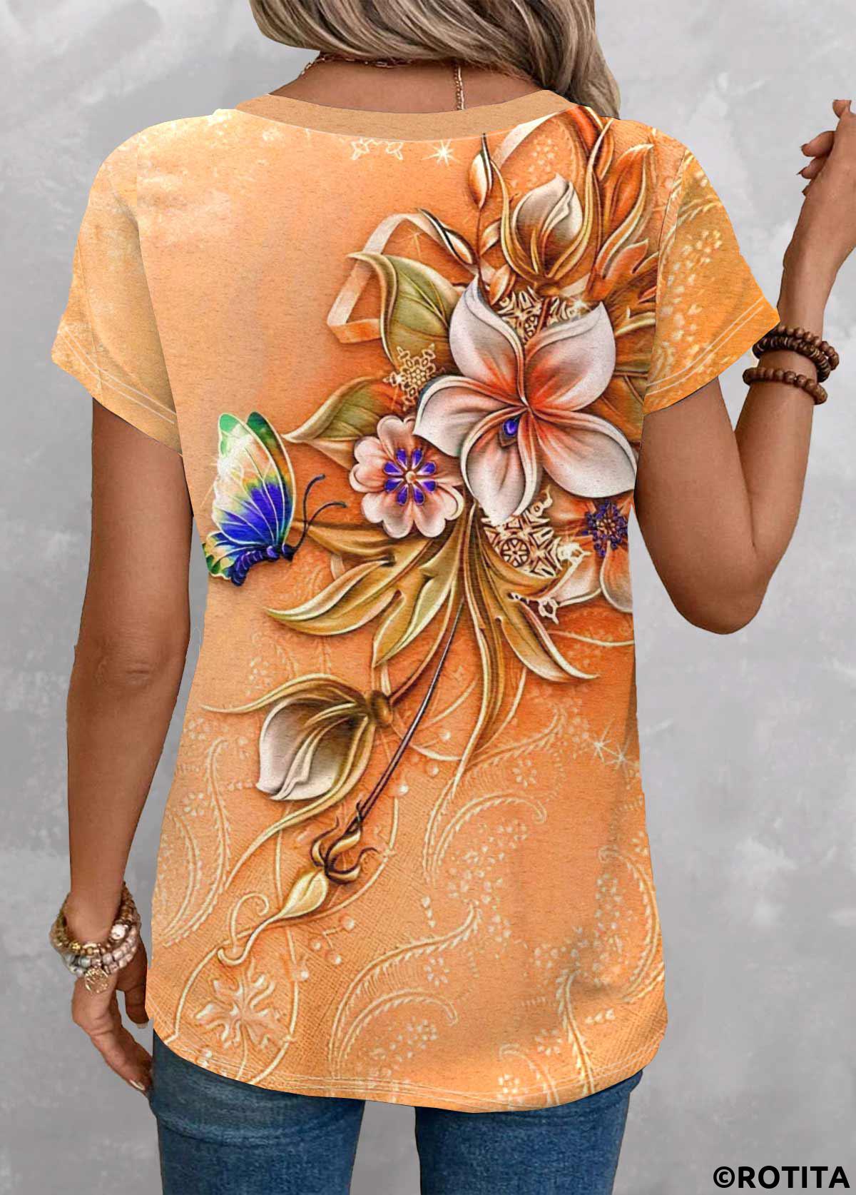 t-shirt col rond orange imprimé floral patchwork rotita