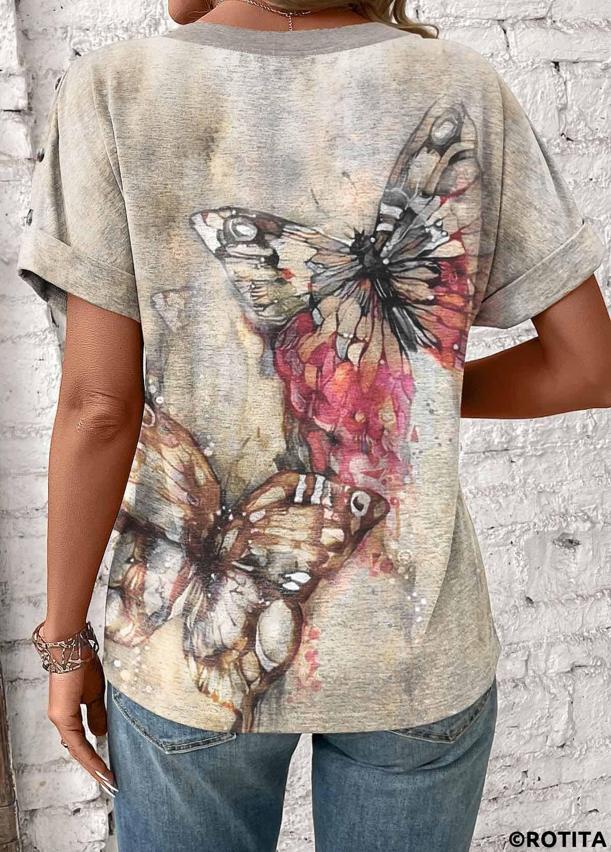 Light Camel tops,Animal Print tops,ROTITA Patchwork Butterfly Print Light Camel V Neck T Shirt