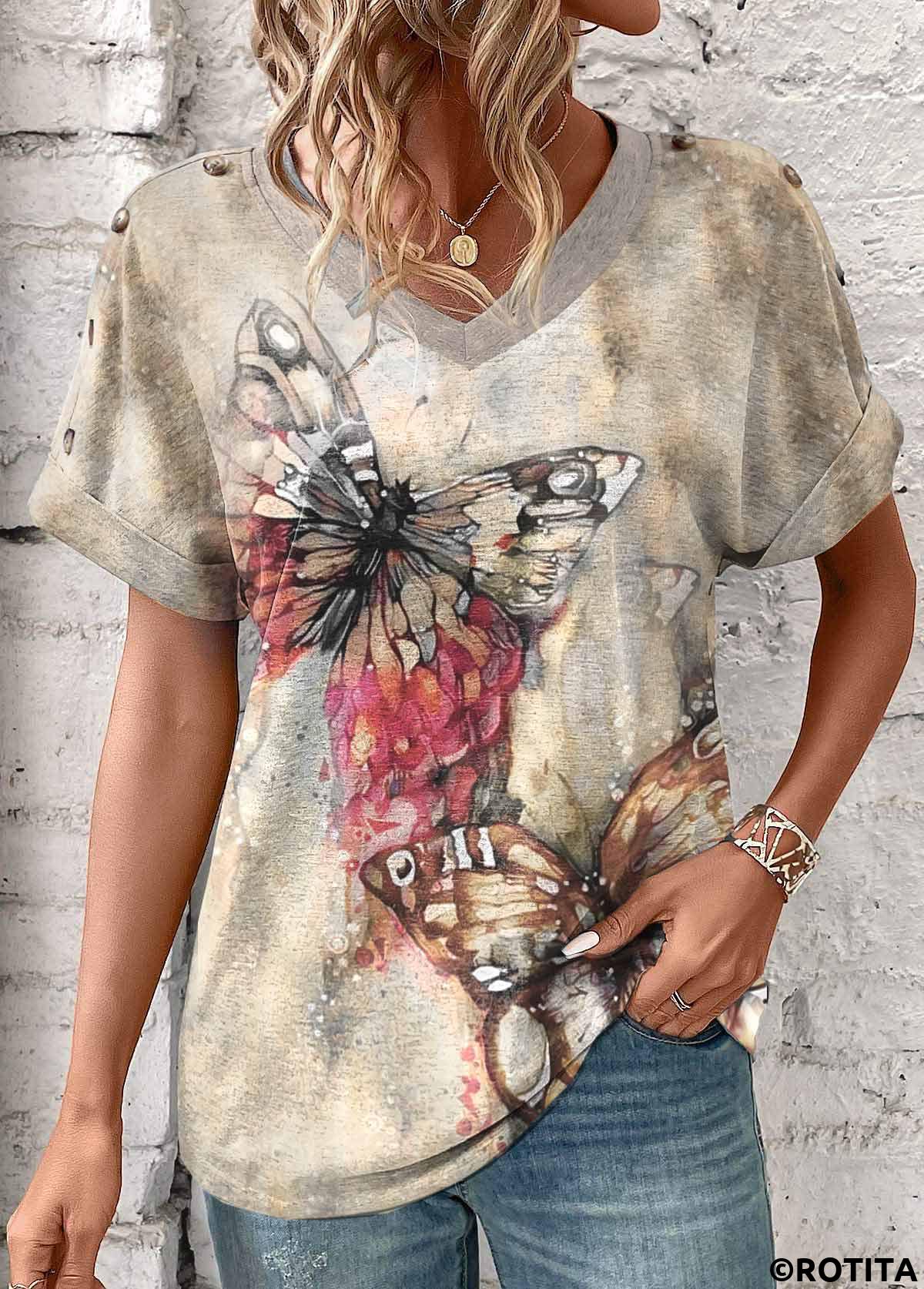 Light Camel tops,Animal Print tops,ROTITA Patchwork Butterfly Print Light Camel V Neck T Shirt