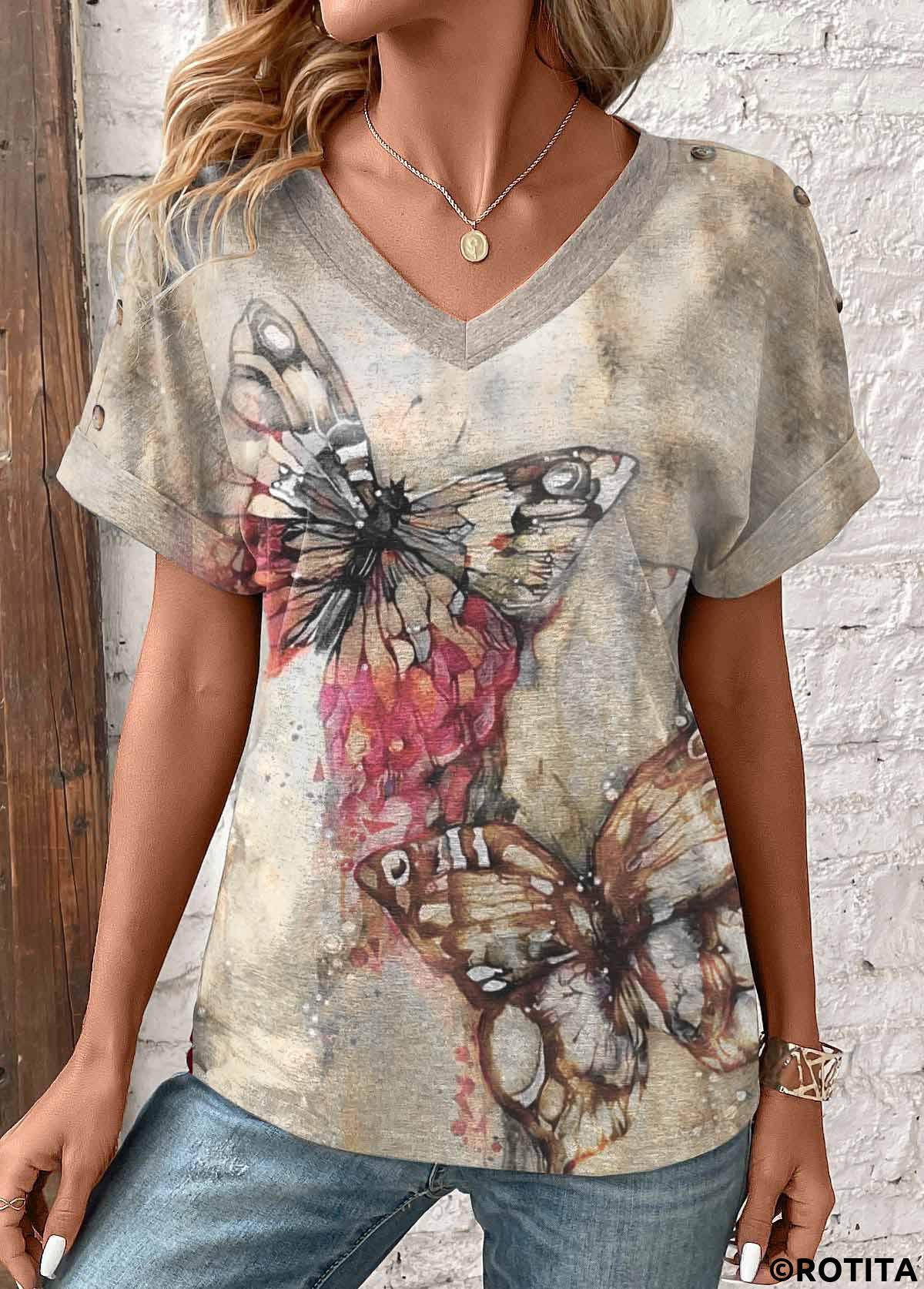 Light Camel tops,Animal Print tops,ROTITA Patchwork Butterfly Print Light Camel V Neck T Shirt