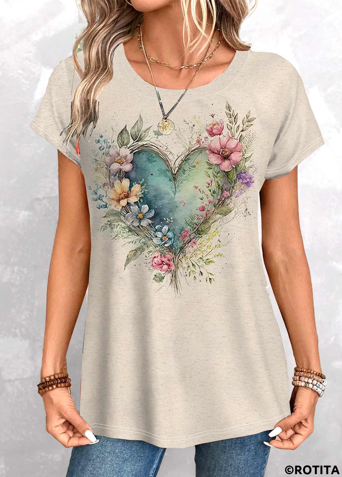 t-shirt col rond camel clair imprimé fleuri rotita