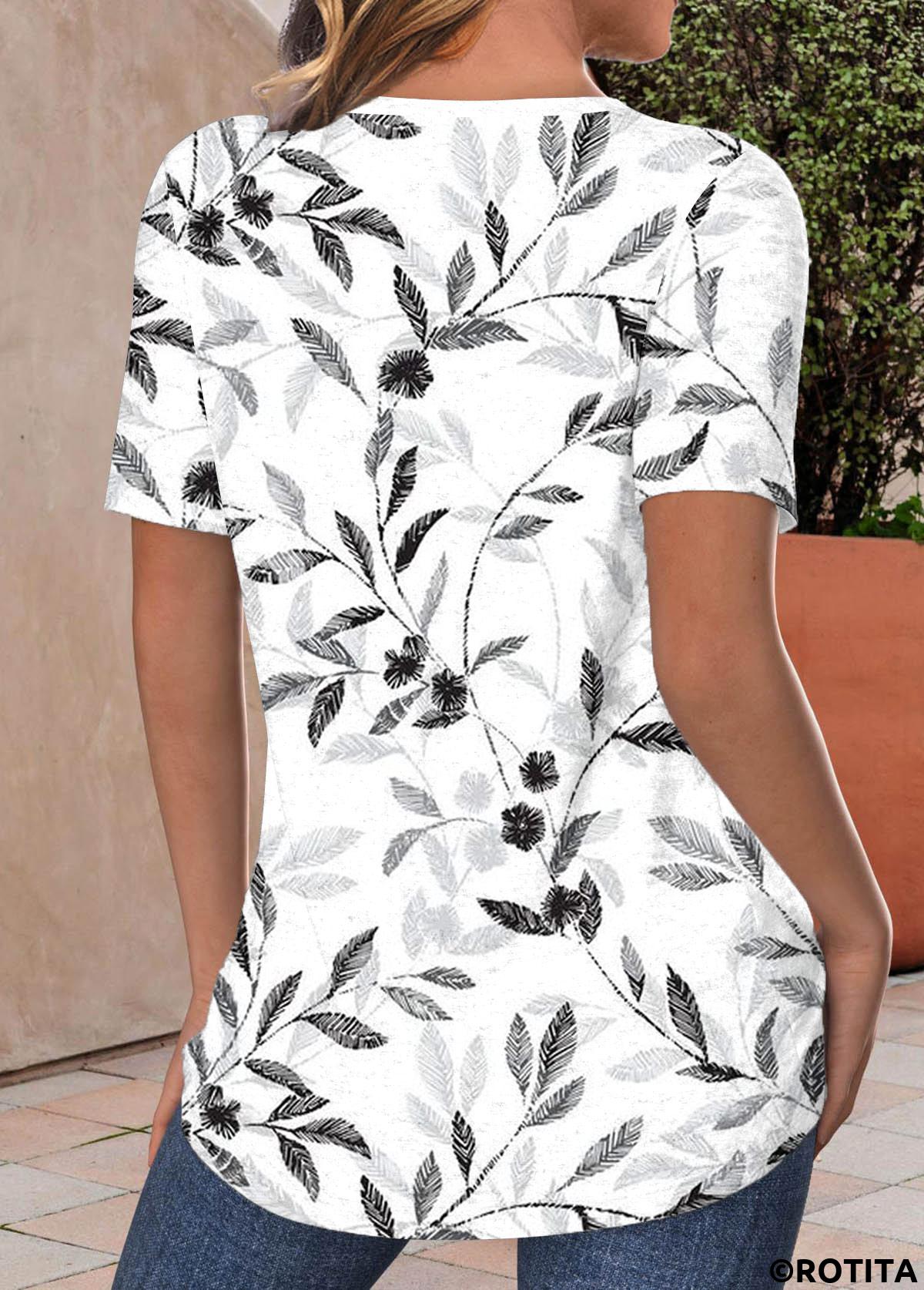 White tops,Plants tops,ROTITA Criss Cross Leaf Print White V Neck T Shirt