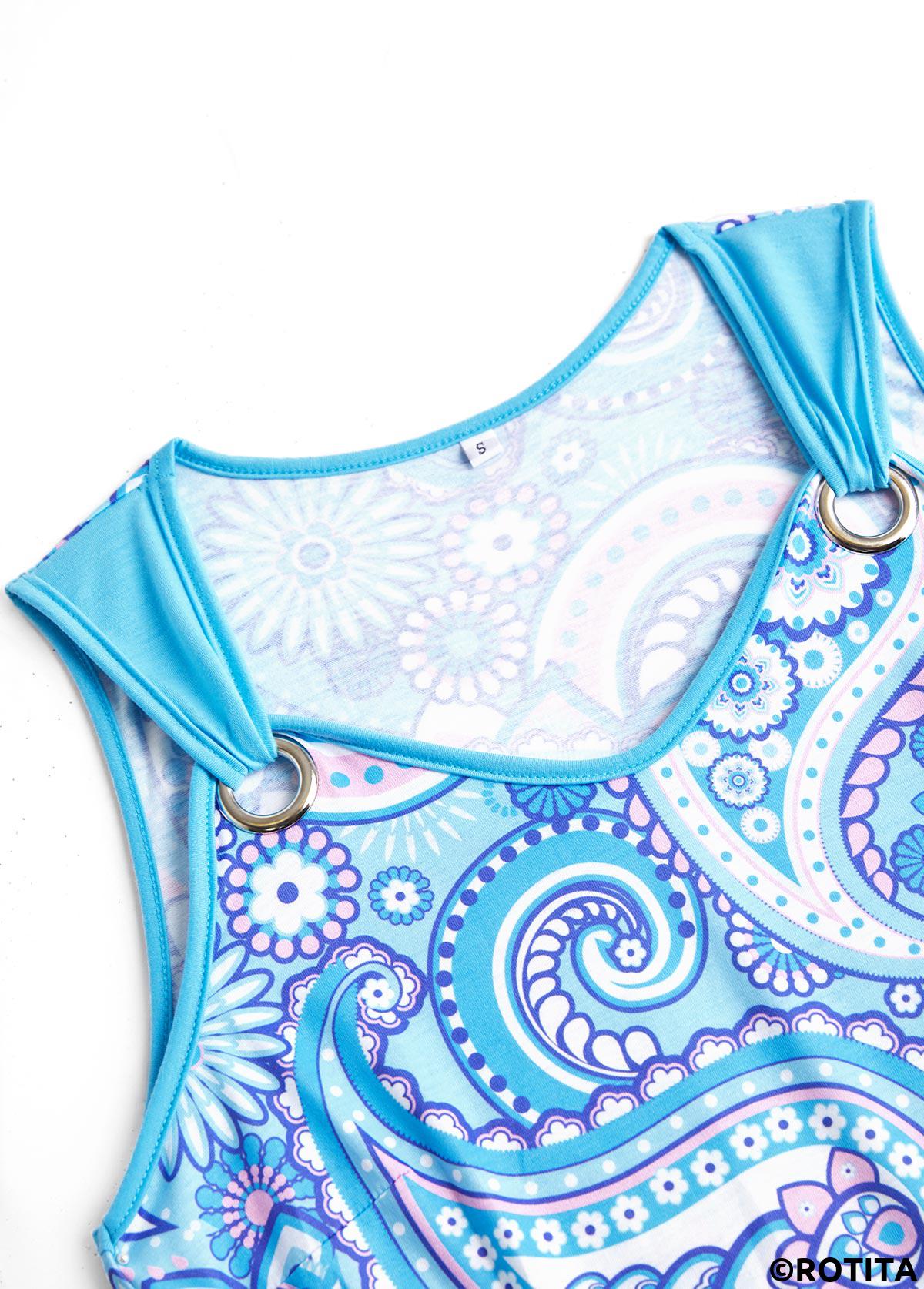 Light Blue plus size,Paisley plus size,ROTITA Plus Size Eyelet Light Blue Tribal Print Sleeveless Dress