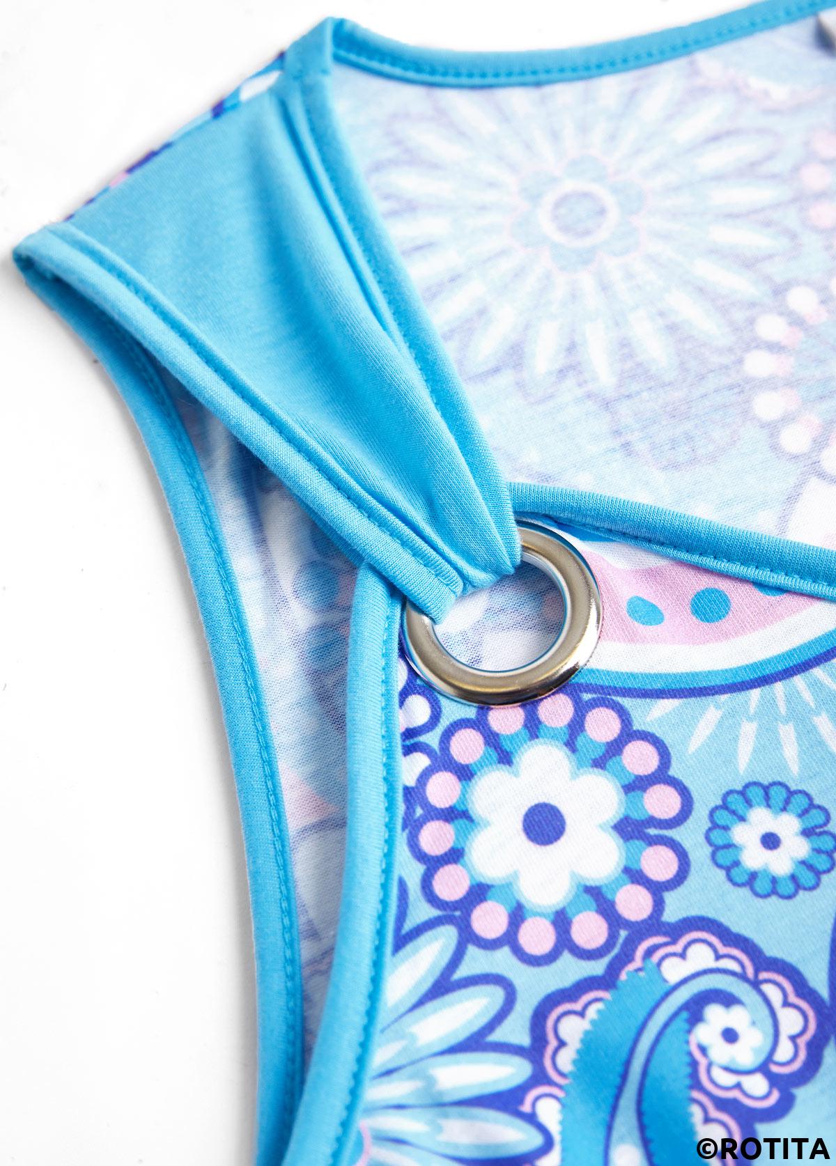 Light Blue plus size,Paisley plus size,ROTITA Plus Size Eyelet Light Blue Tribal Print Sleeveless Dress