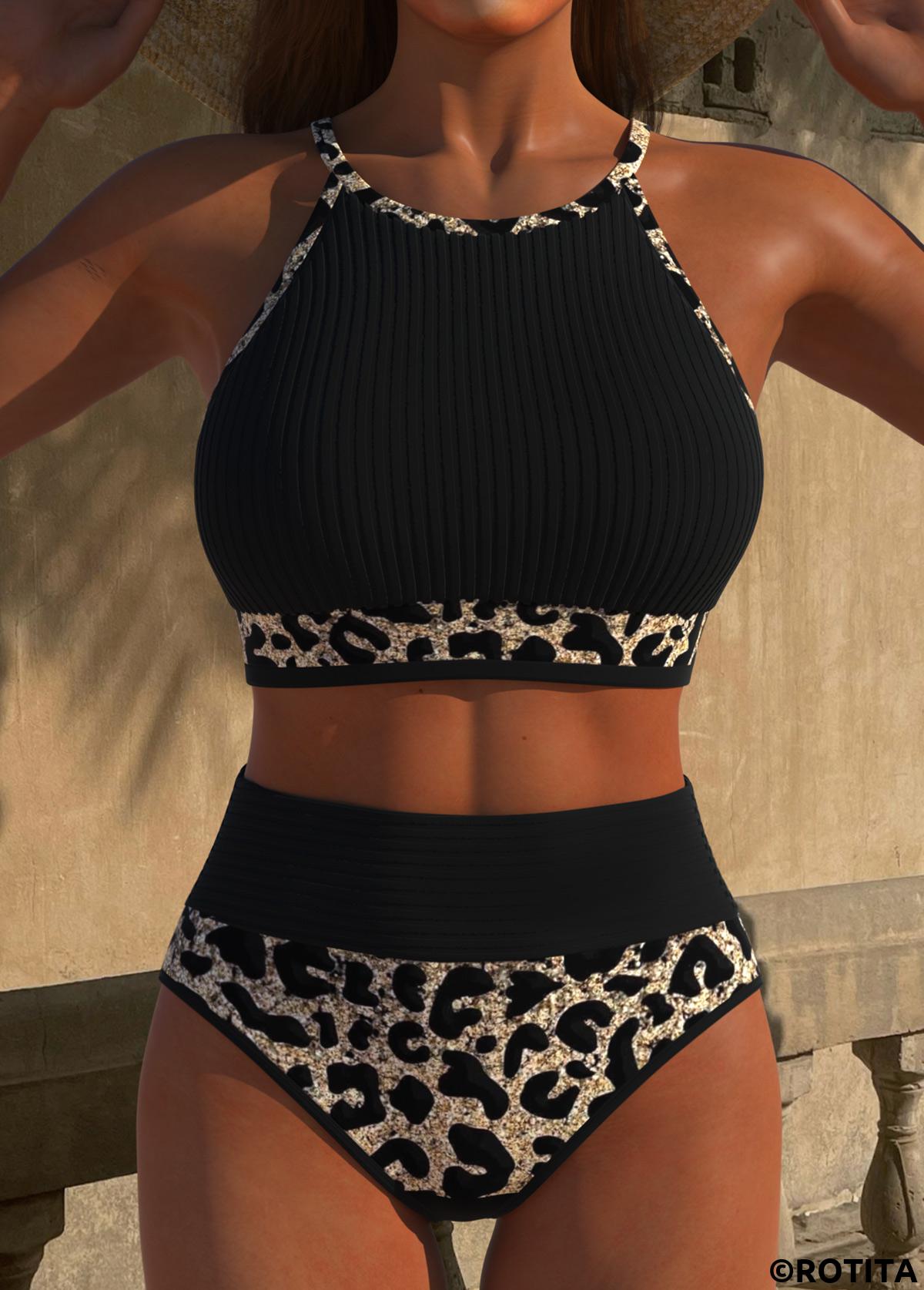 Black swimwear,Leopard swimwear,ROTITA Patchwork High Waisted Black Leopard Bikini Set
