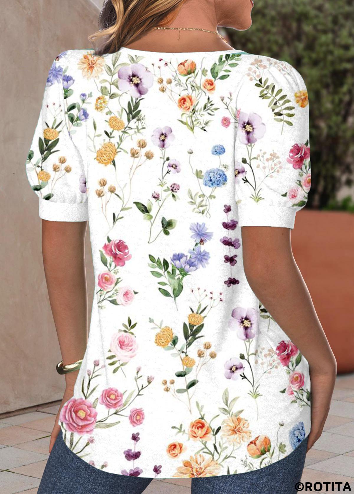 White plus size,Floral plus size,Plants plus size,ROTITA Plus Size Tuck Stitch White Floral Print T Shirt