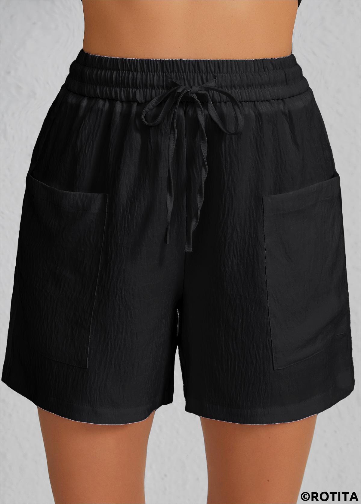Black bottoms,Plain Color bottoms,Pocket Black Elastic Waist High Waisted Shorts