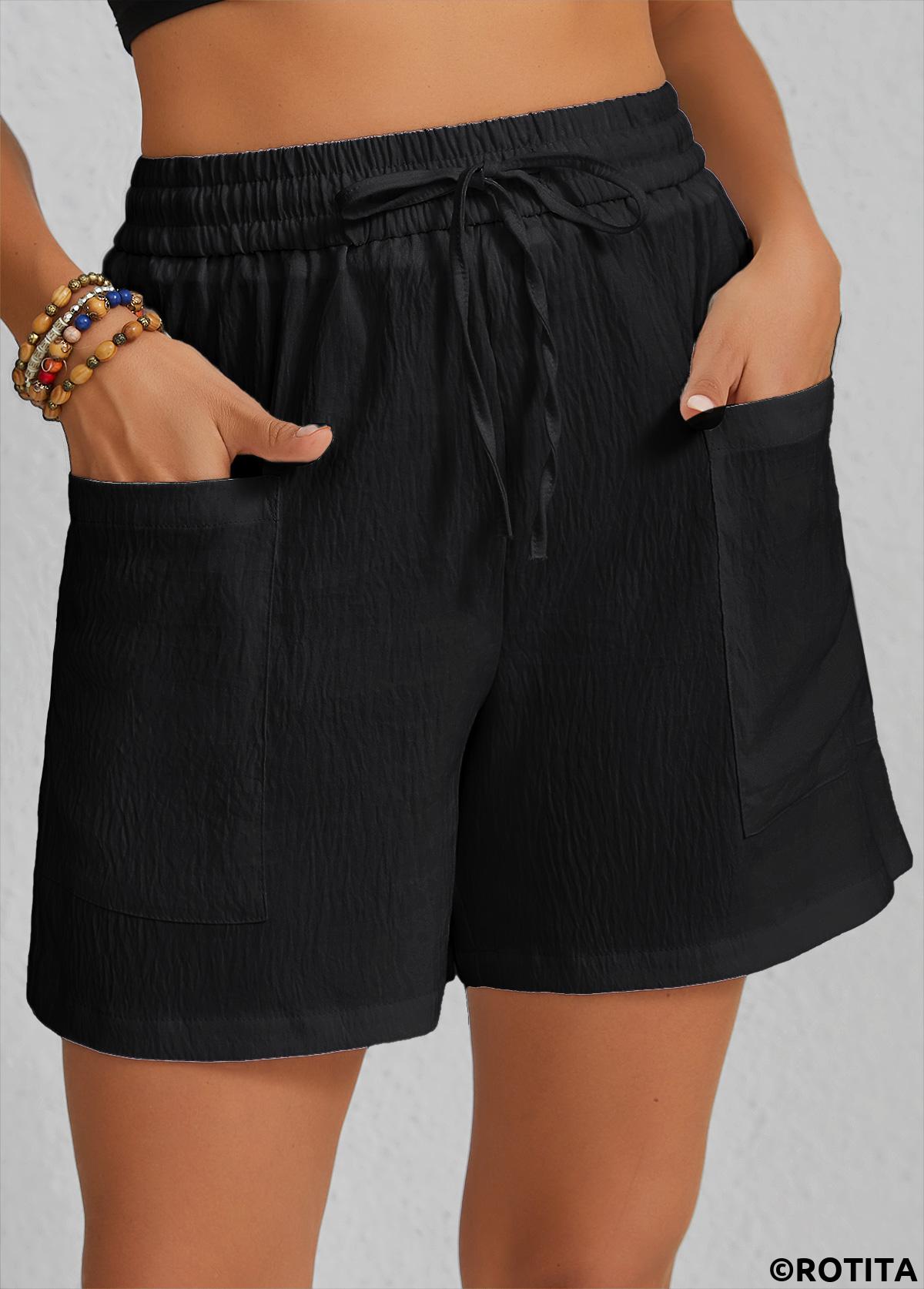 Black bottoms,Plain Color bottoms,Pocket Black Elastic Waist High Waisted Shorts