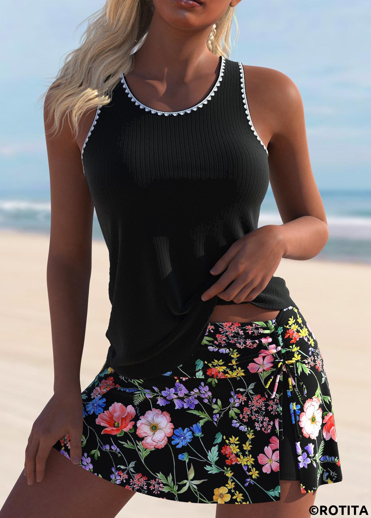 Black swimwear,Ditsy Floral swimwear,ROTITA Cut Out Black Ditsy Floral Print Tankini Set