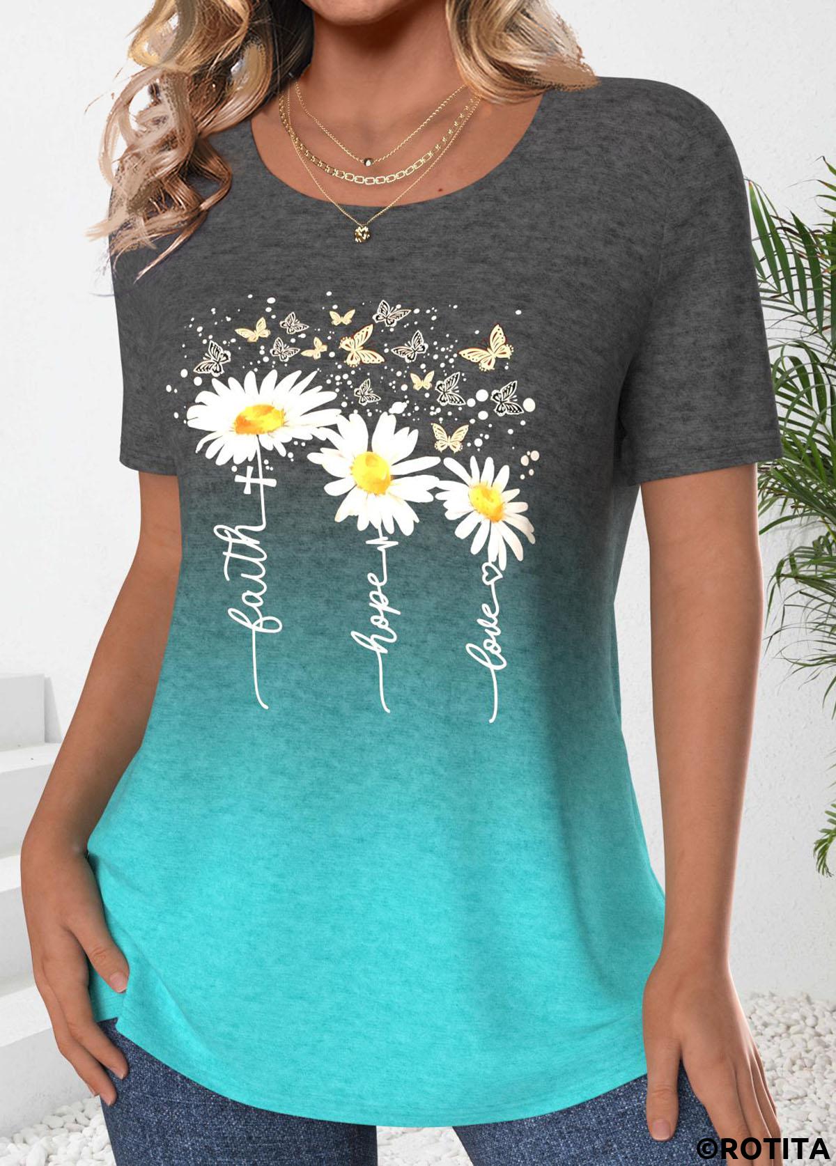 t-shirt col rond vert menthe à imprimé floral rotita